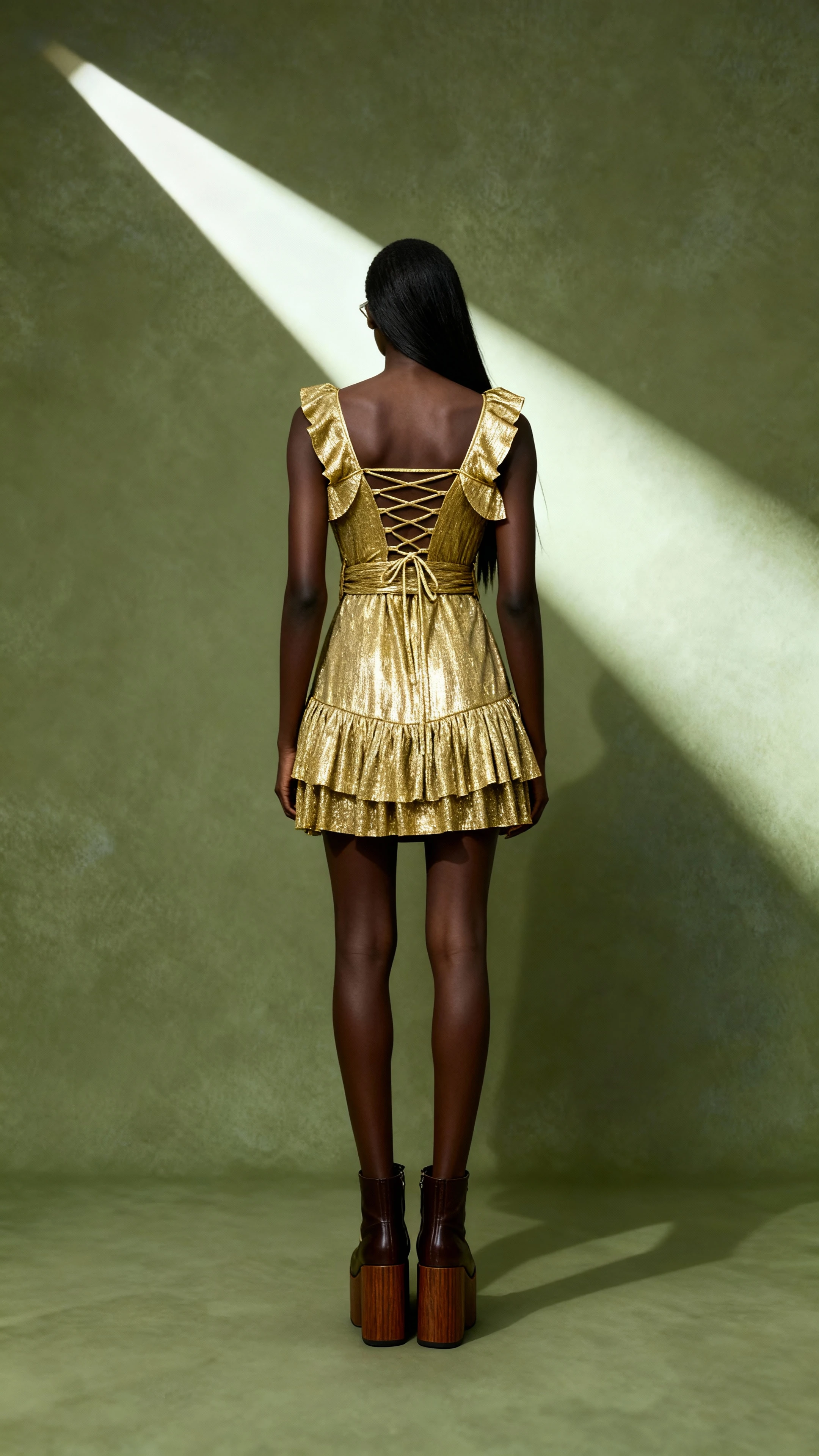 Parlak Lame Fırfırlı Arkası Bağlamalı Elbise