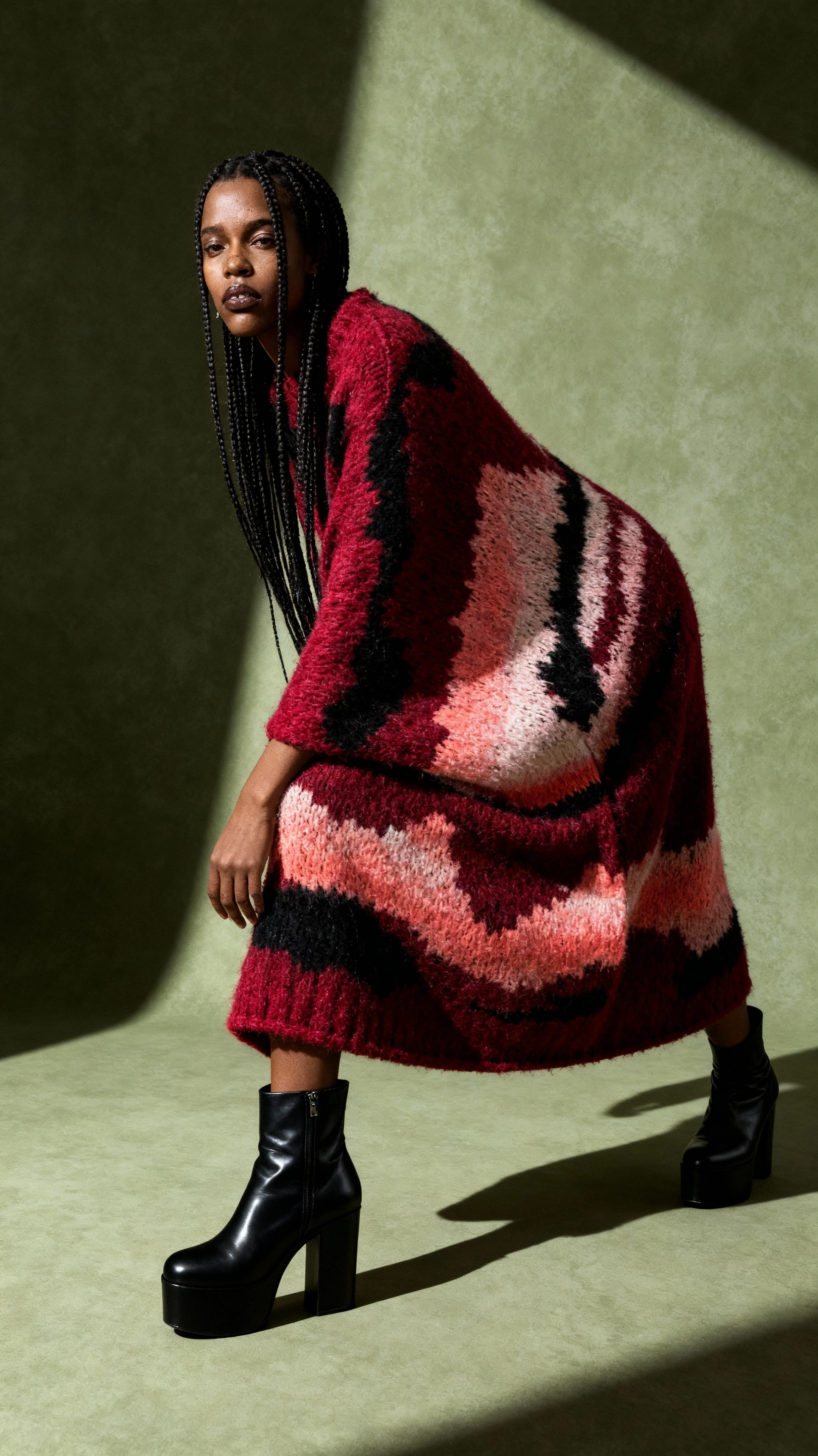 Burgundy El Örgüsü Maksi Kazak Yün Elbise