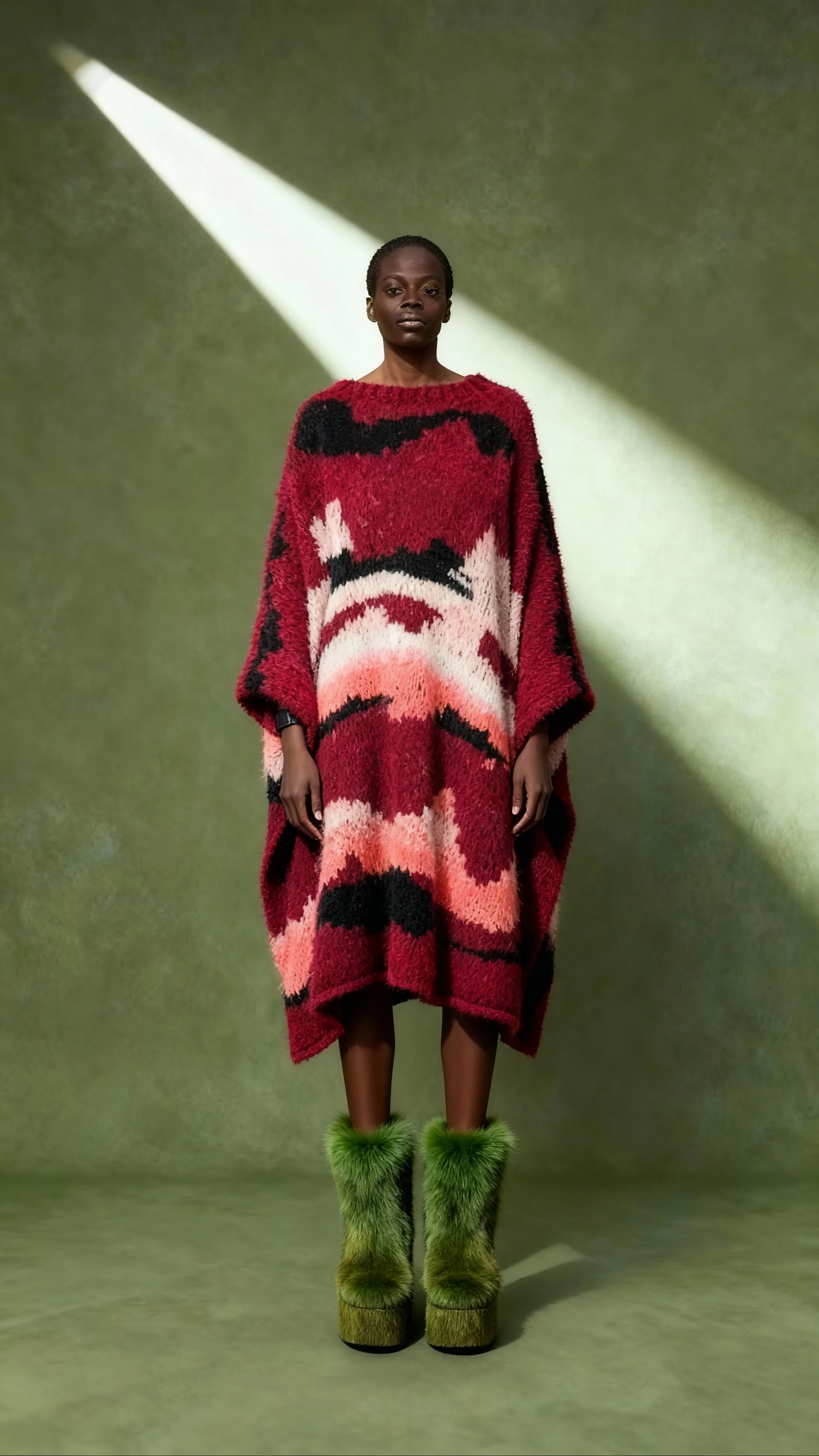 Burgundy El Örgüsü Maksi Kazak Yün Elbise