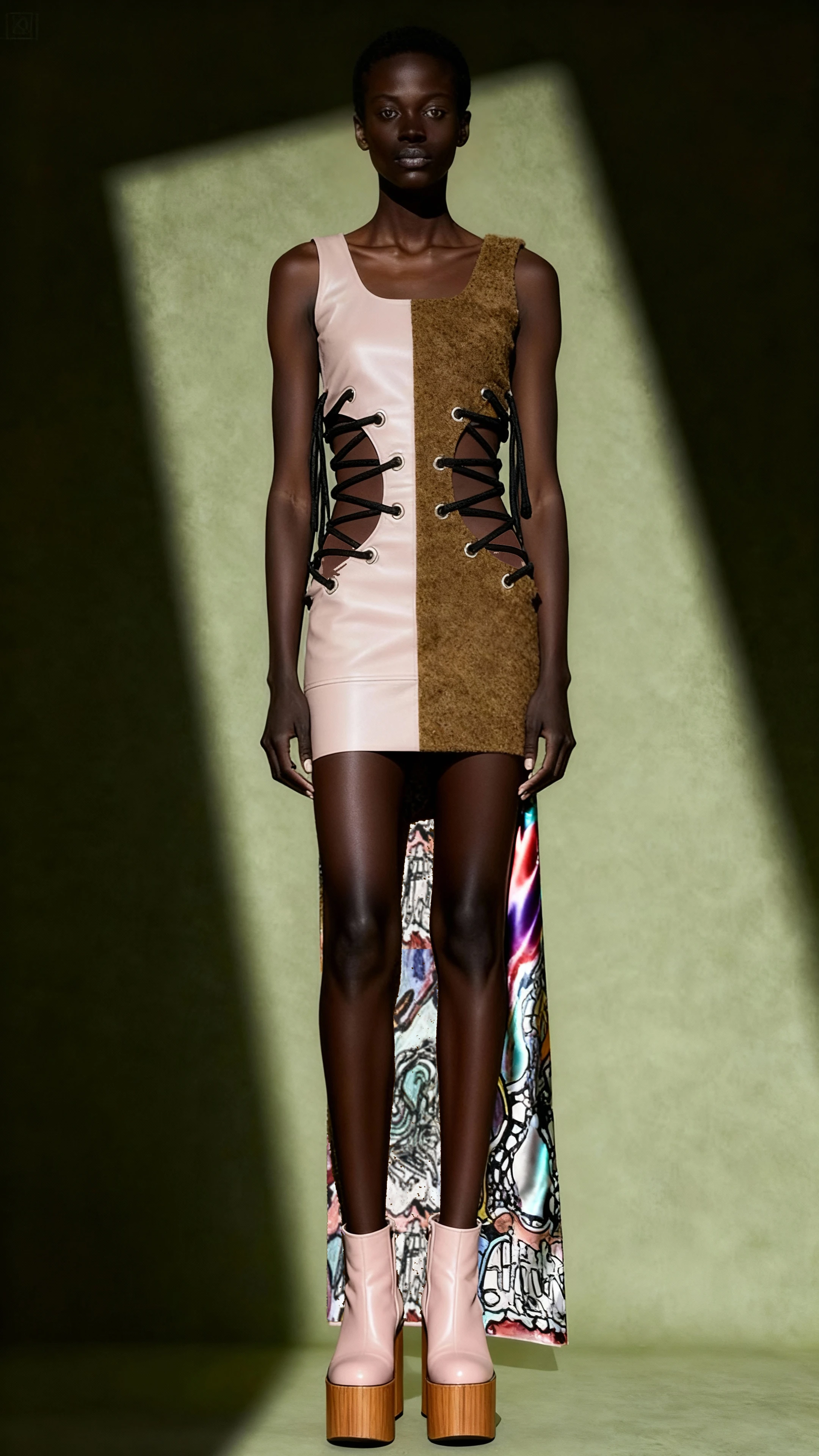 Striped Gaudi Dress - İçi Gaudi İpek Astarlı %100 Deri Pudra Rengi Belden İp Bağlamalı Özel Üretim Elbise -XS