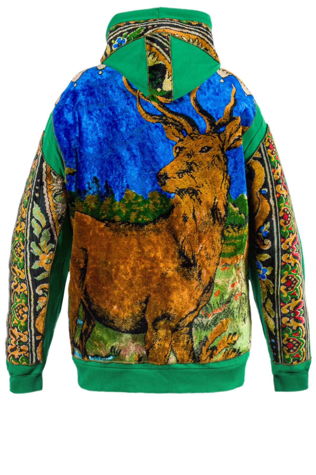 Deer Patterned Antique Silk Velvet Rug Upcycled Hoodie