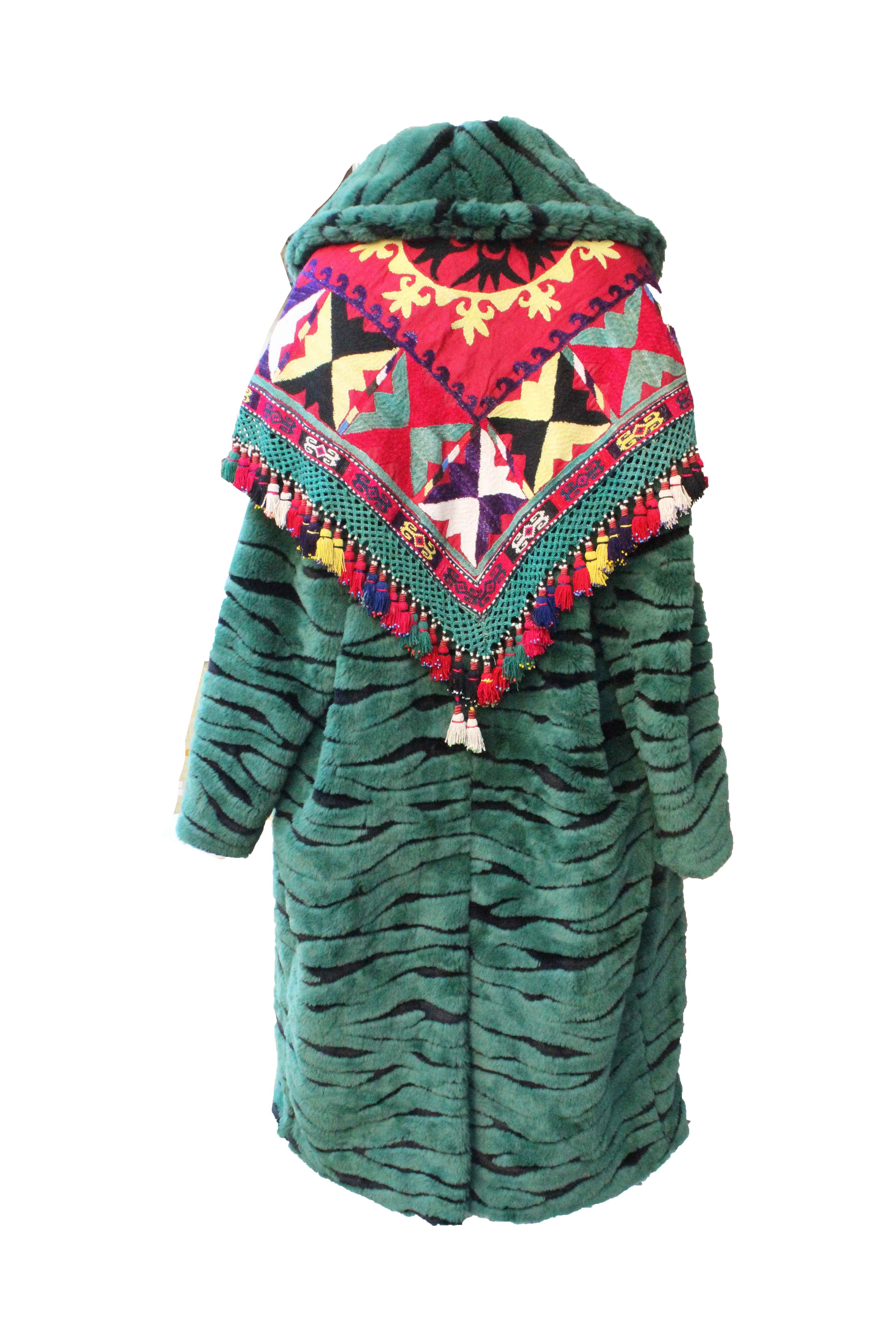 Özbek Detaylı Suni Kürk Yeşil Kemerli Palto