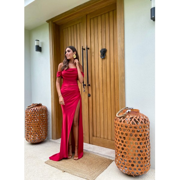 Bashaques Kırmızı Drapeli Couture Yırtmaçlı Elbise (Sipariş Üzerine Dikilir)