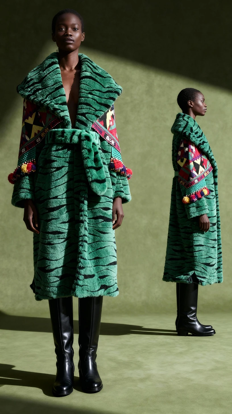 Özbek Detaylı Suni Kürk Yeşil Kemerli Palto