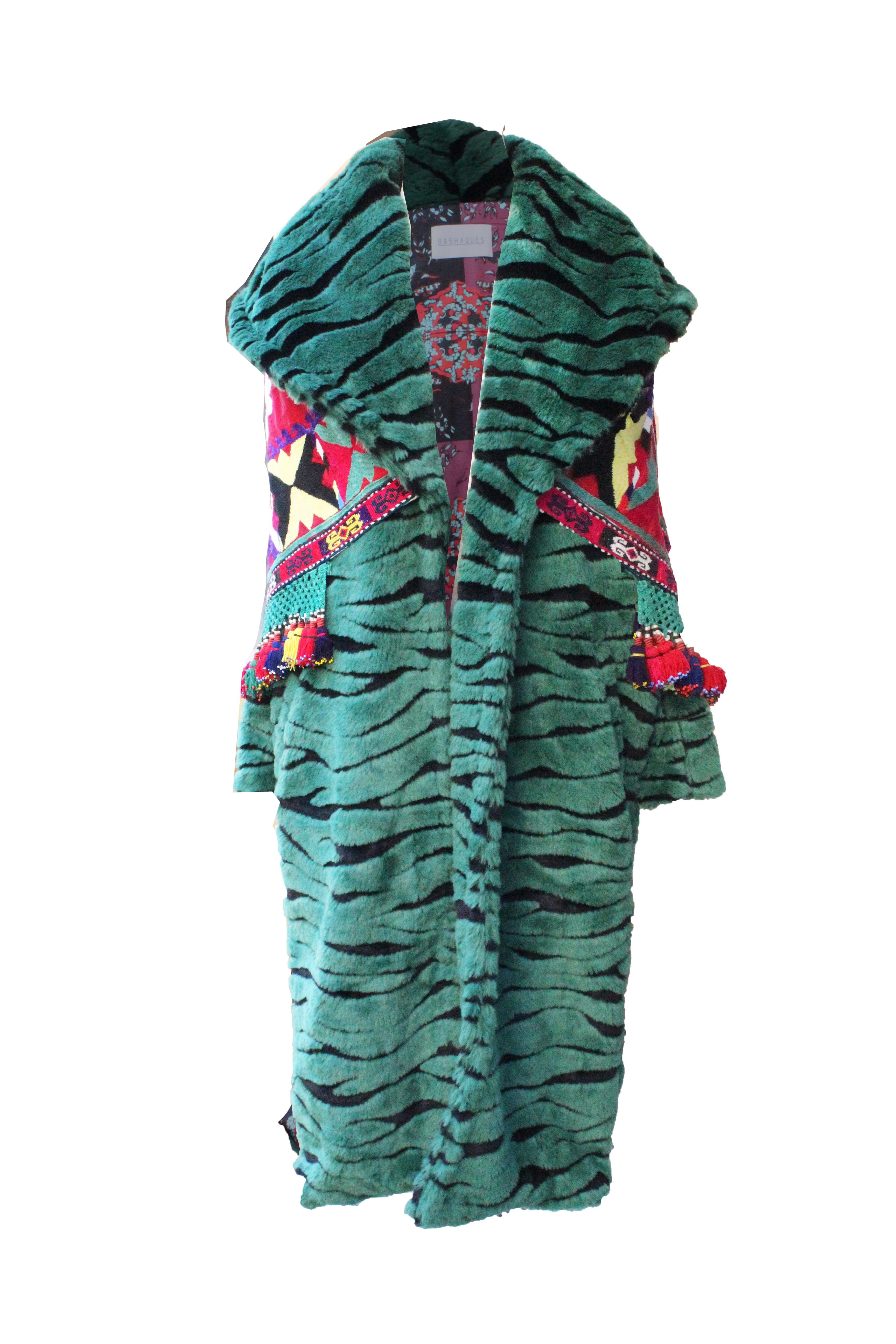 Özbek Detaylı Suni Kürk Yeşil Kemerli Palto