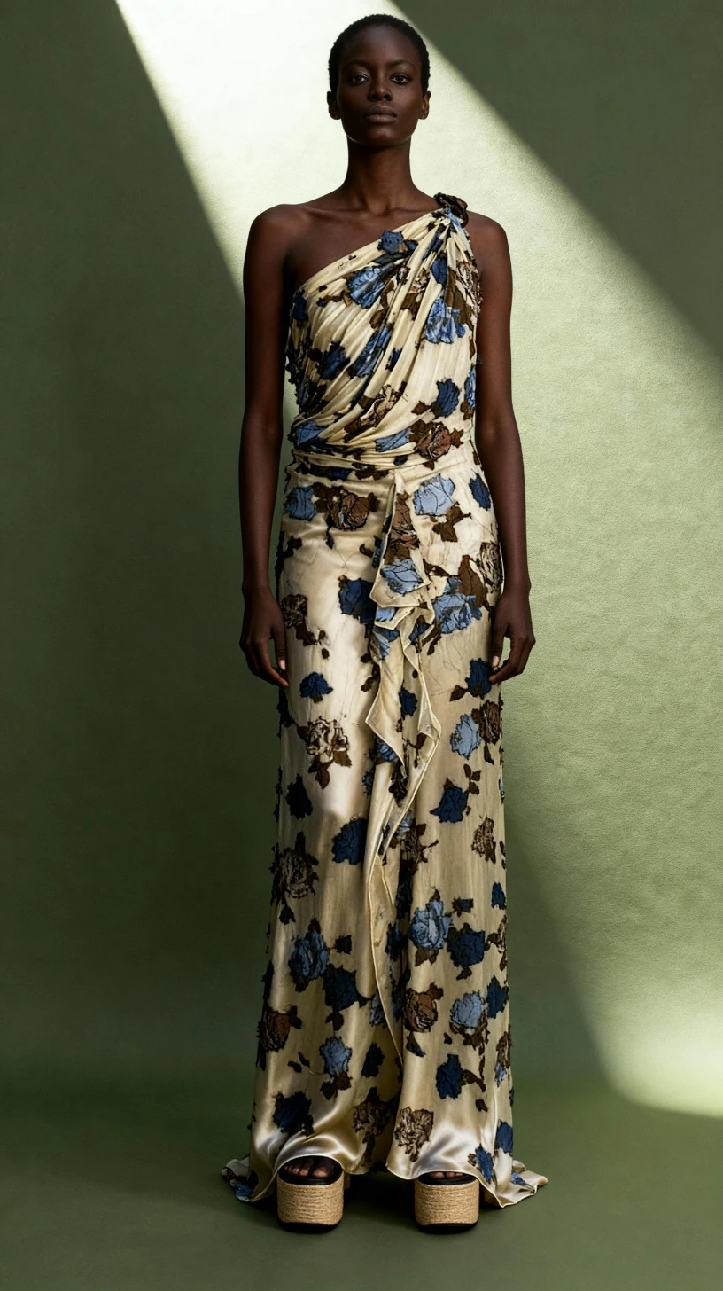 İpek Yakma Desenli Ahşap Zincir Askı Detaylı Drapeli Elbise