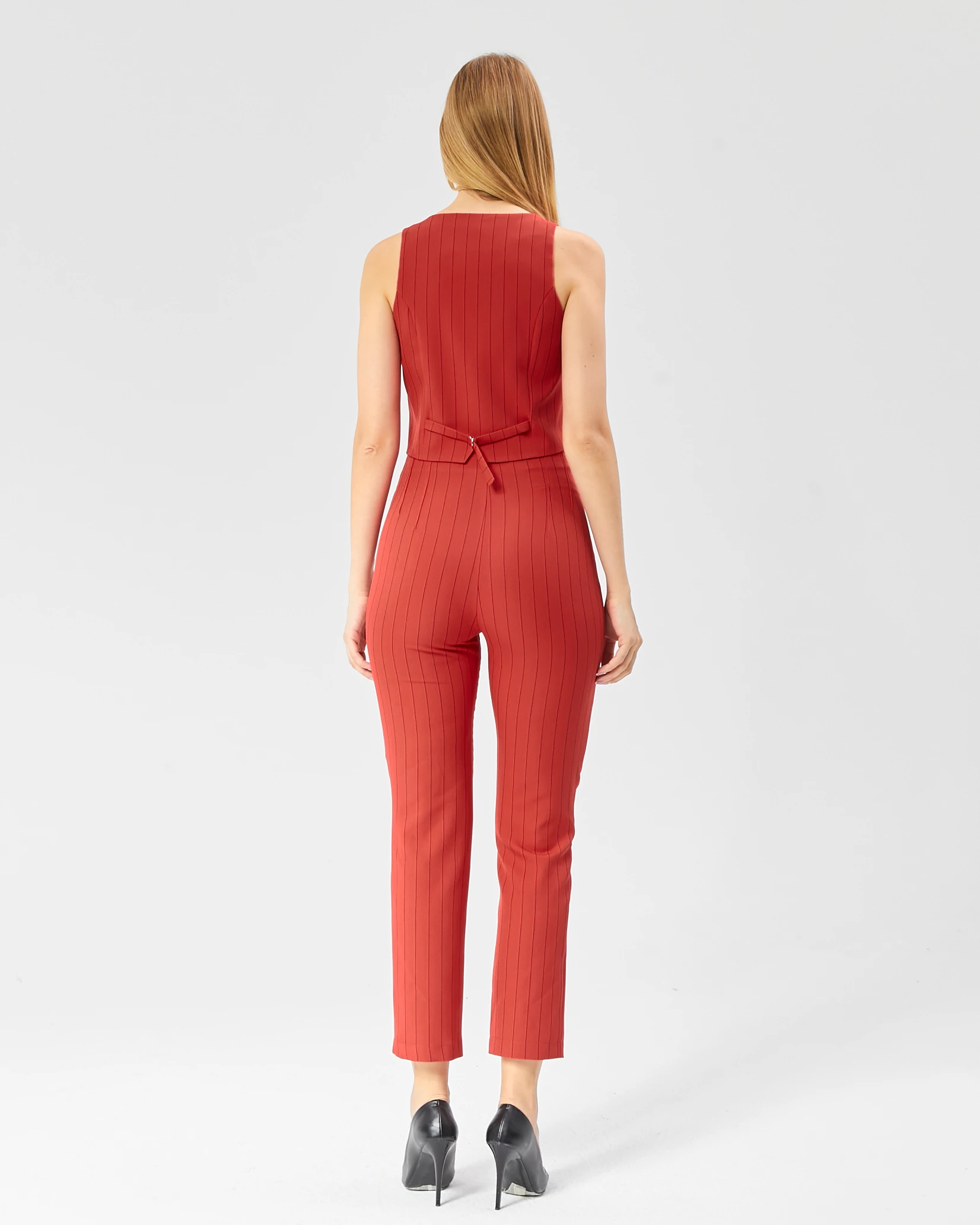 Kadın Çizgili Tokalı Kısa Cepken Yelek 