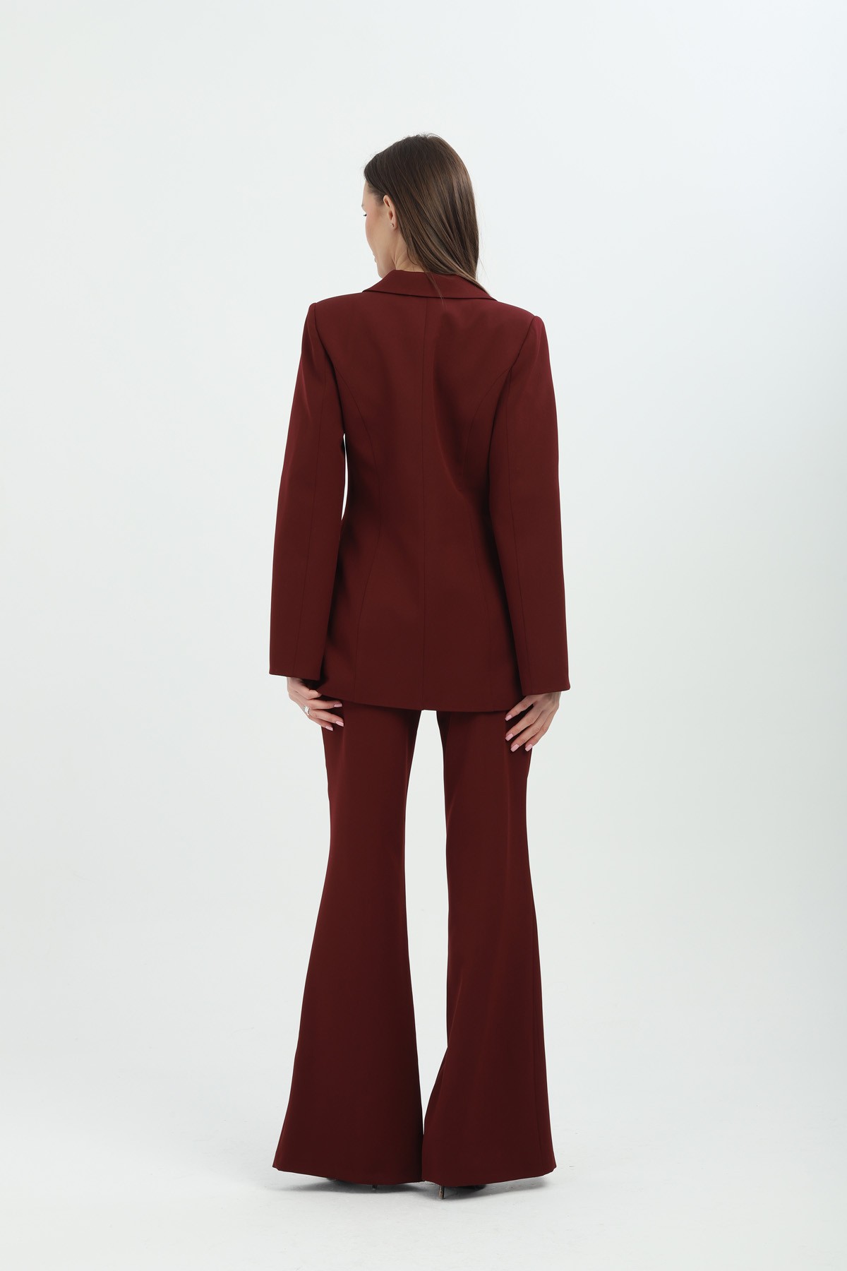 Yırtmaç Detaylı Bordo Blazer Ceket ve Pantolon Takım Gold Düğmeli