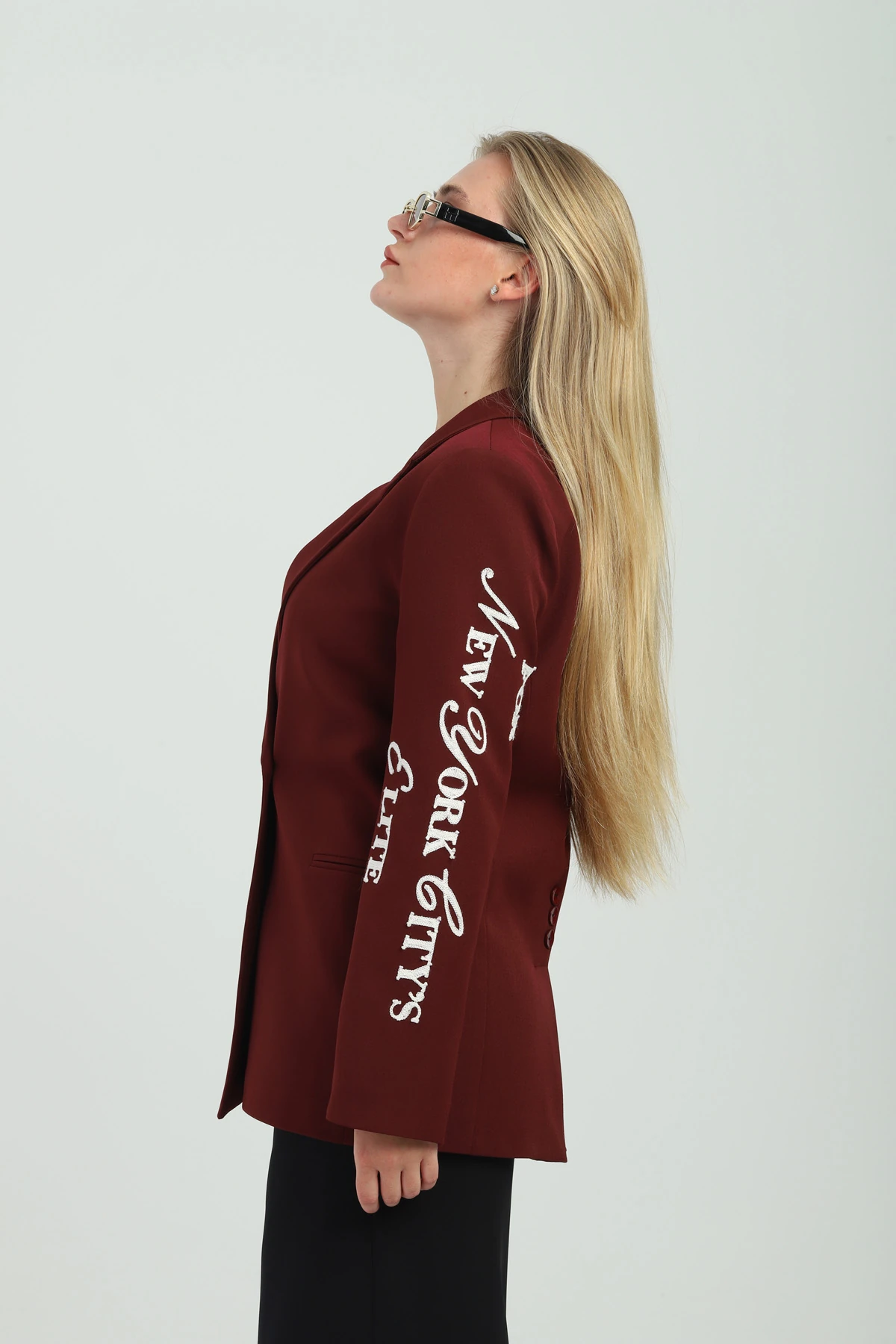 Çift Düğmeli Kruvaze Nakışlı Bordo Kadın Ceket