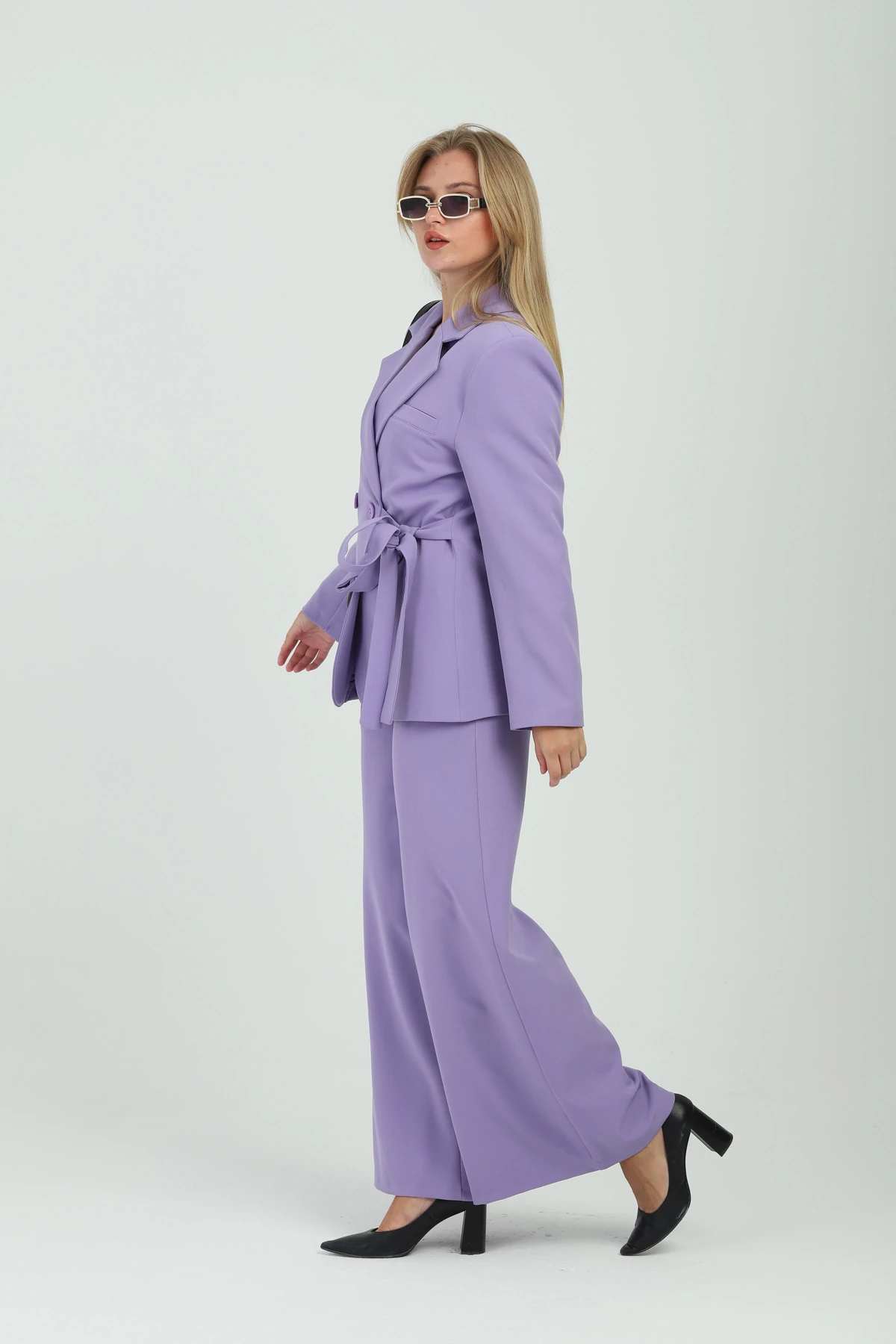 Çift Düğmeli Yandan Bağlamalı Kruvaze Lila Kadın Takım
