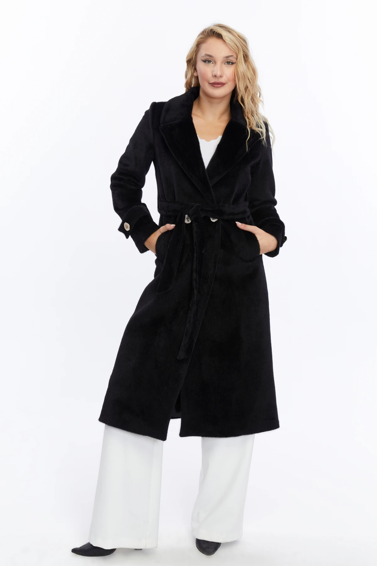 Kadın Kuşaklı Fox Kürk Kaşe Kaban - Siyah