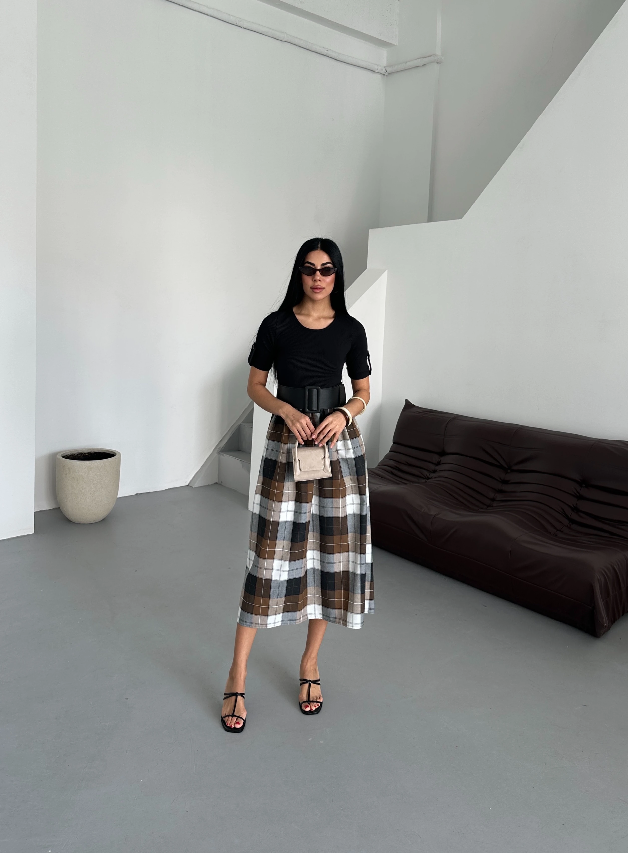 Kaşkorse Kısa Kol Kemerli Yazlık Siyah Kadın Elbise - Ekose