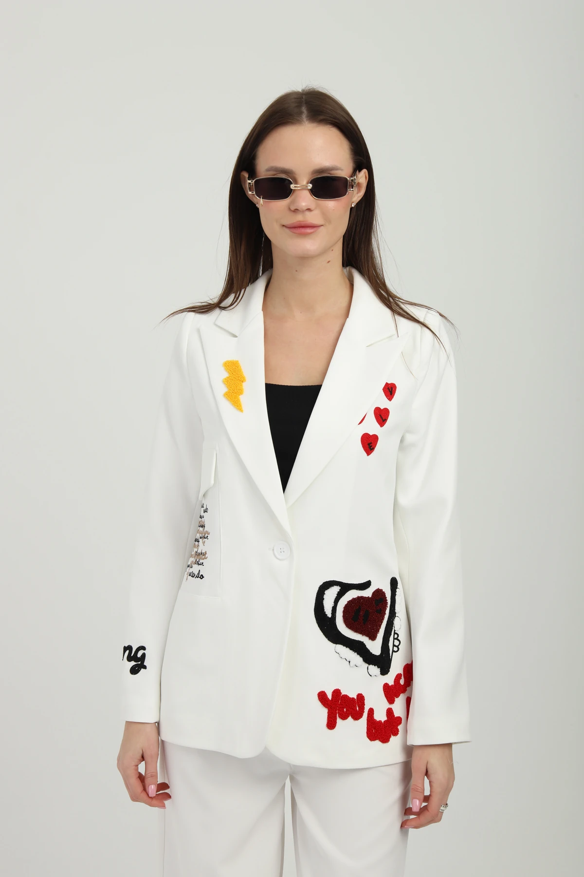 Nakışlı Beyaz Blazer Ceket
