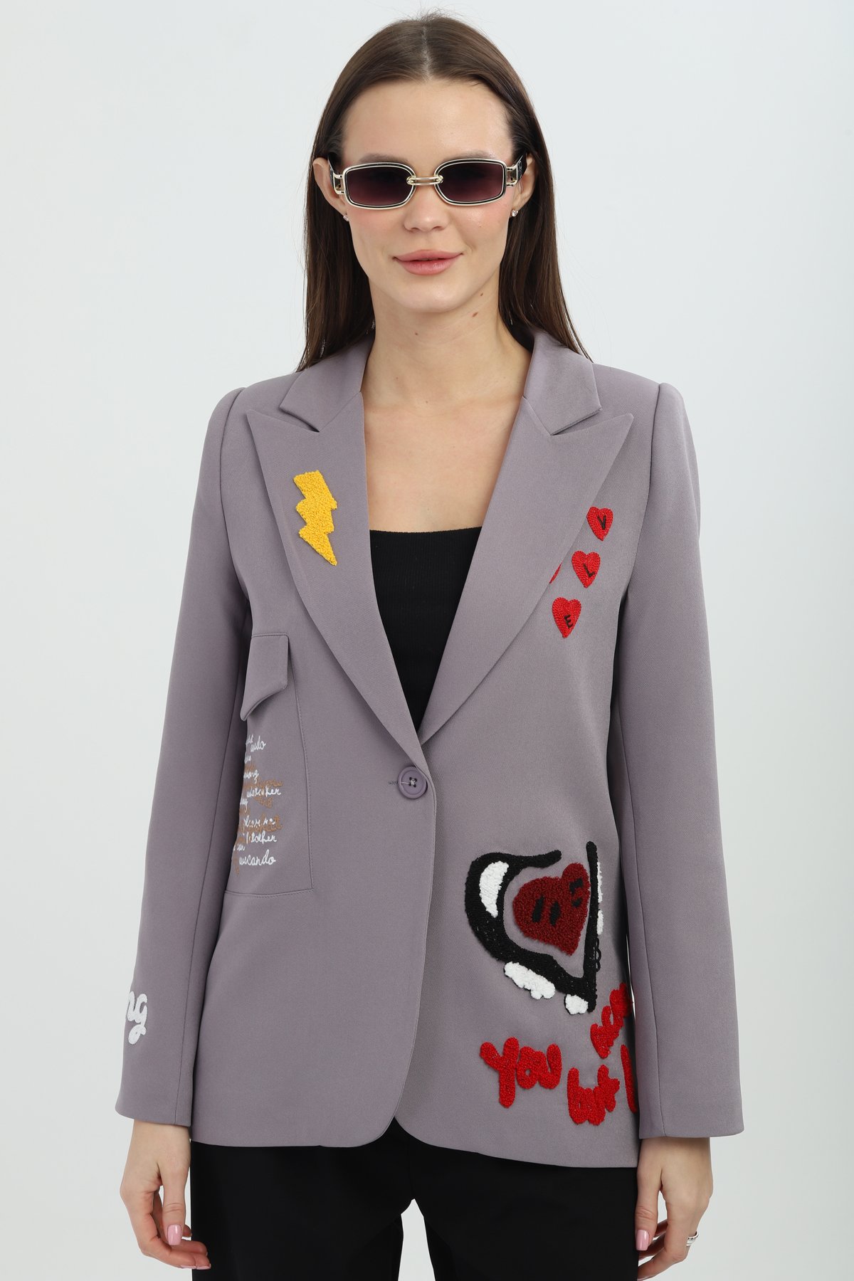 Nakışlı Gri Blazer Ceket