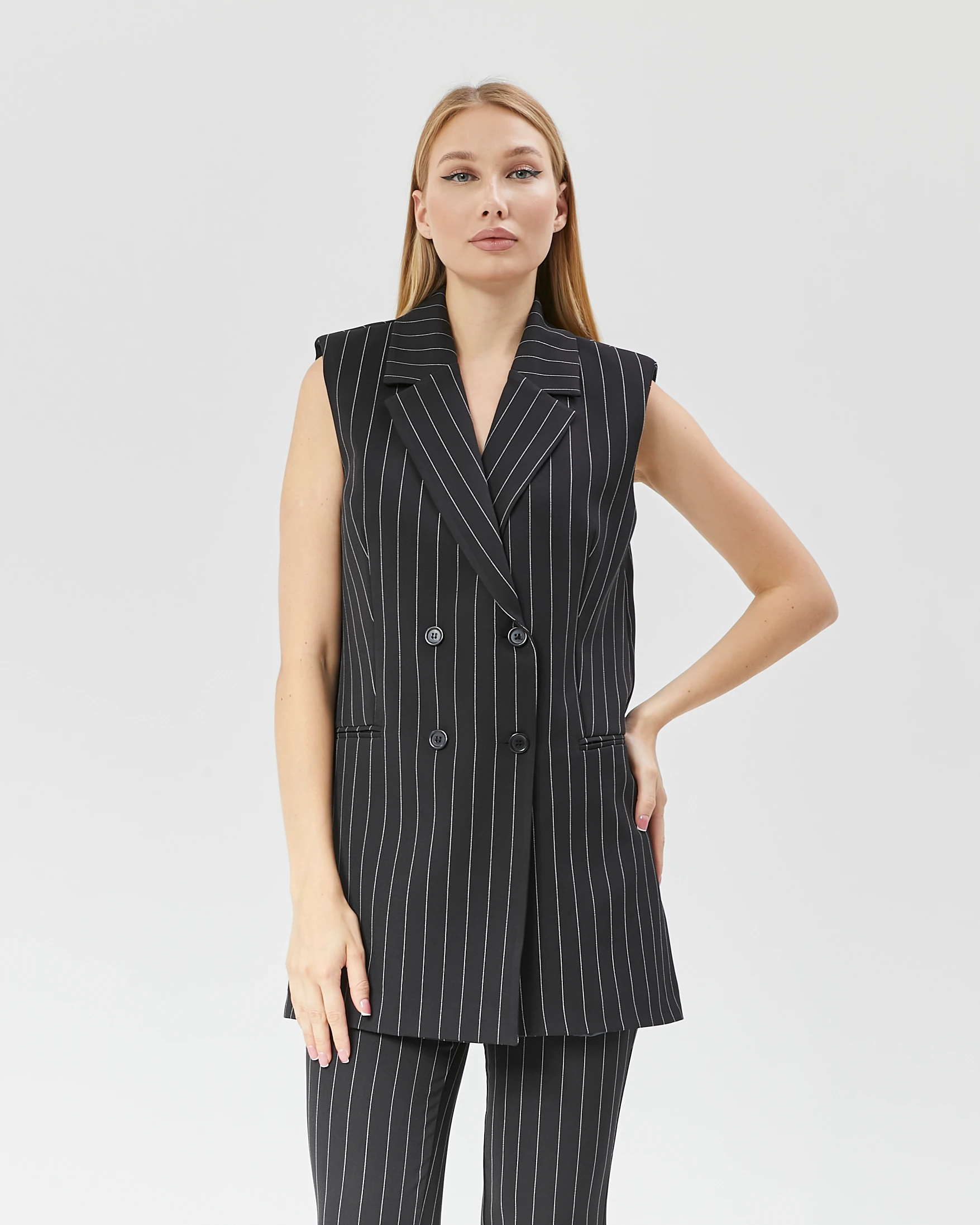 Kadın Uzun Çizgili Klasik Yelek - Siyah