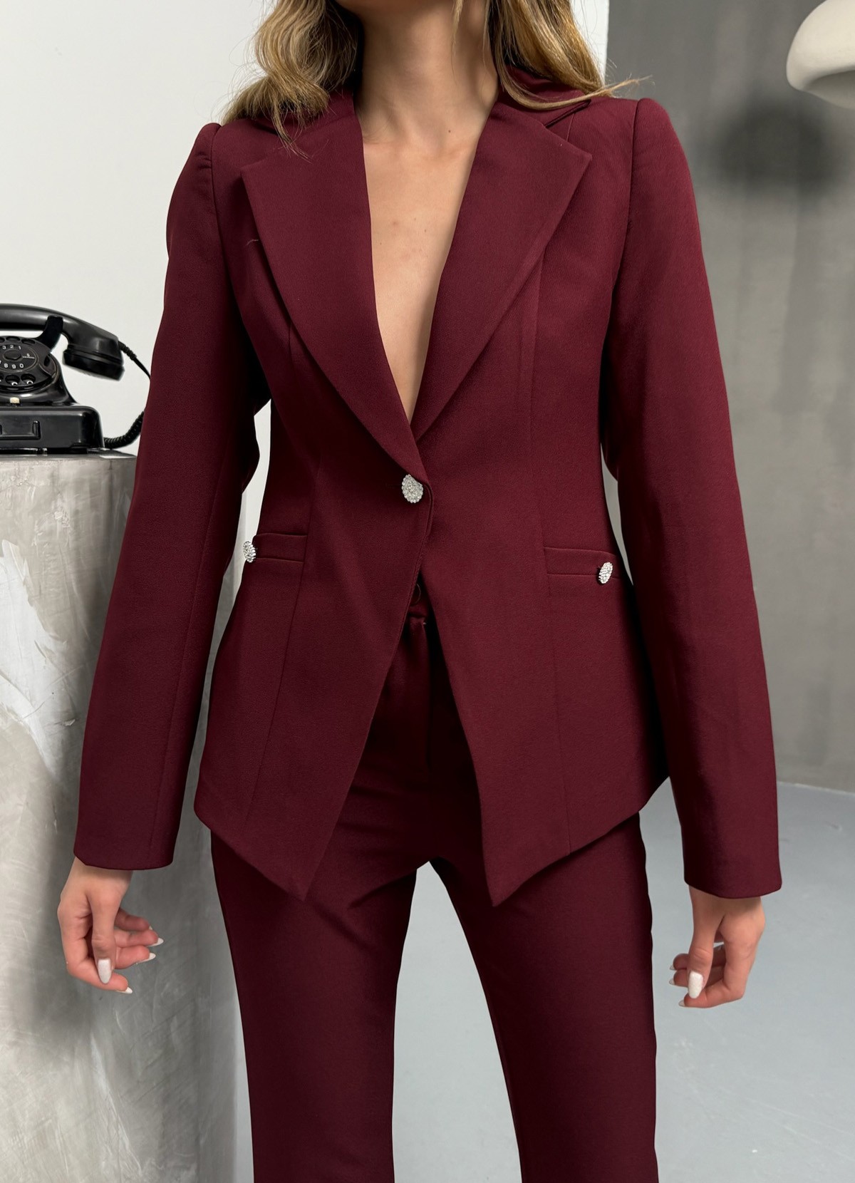 Düğme Detaylı Kadın Bordo Blazer Ceket