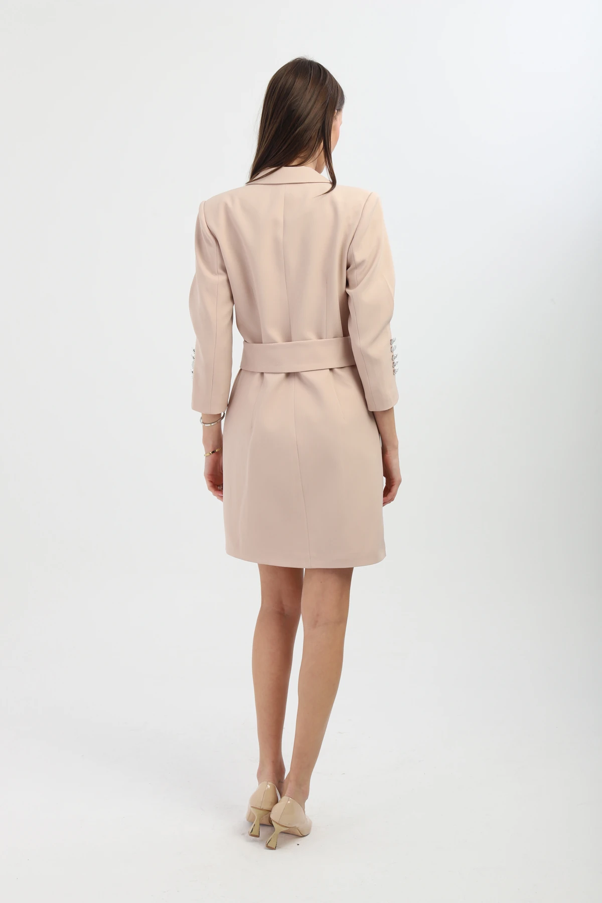 Kruvaze Çıkarılabilir Kemerli Uzun Bej Ceket