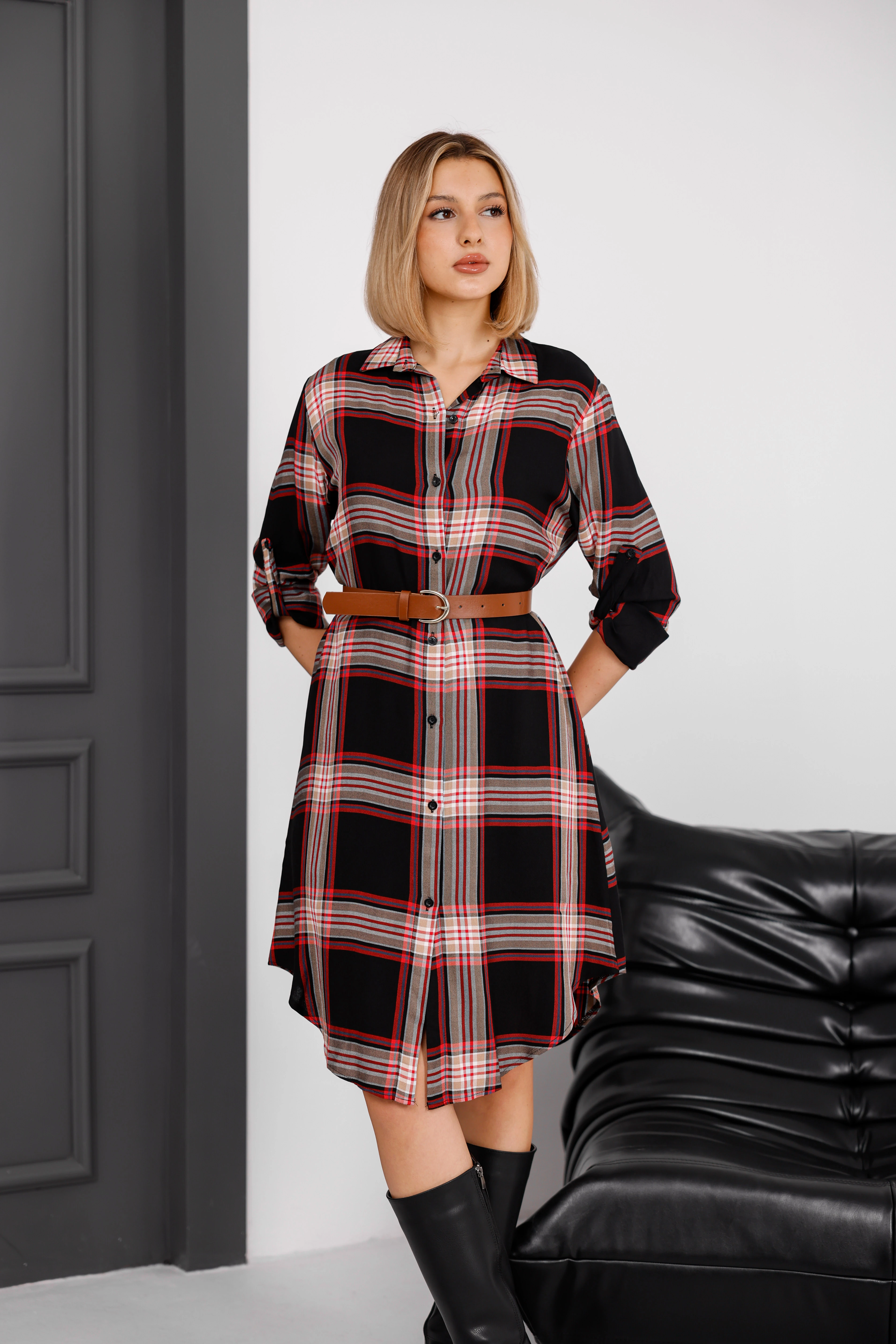 Ekose Desen Kemerli Gömlek Elbise - Siyah