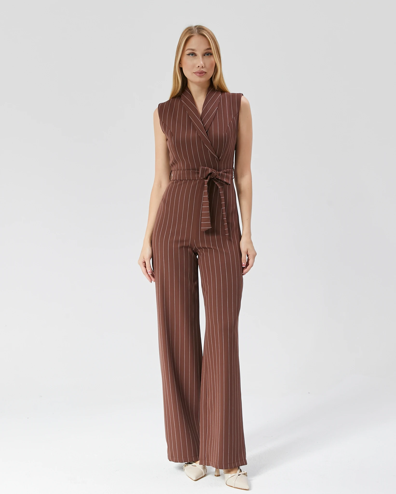 Kadın Çizgili Kuşaklı Kumaş Tulum - Kahverenk