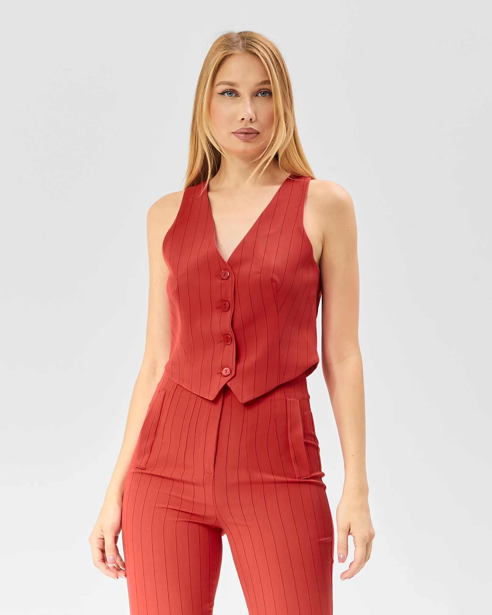 Kadın Çizgili Tokalı Kısa Cepken Yelek 