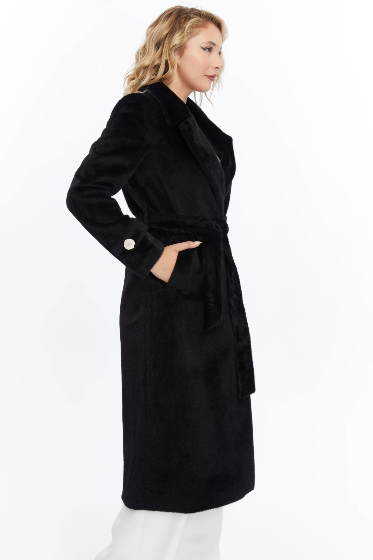 Kadın Kuşaklı Fox Kürk Kaşe Kaban