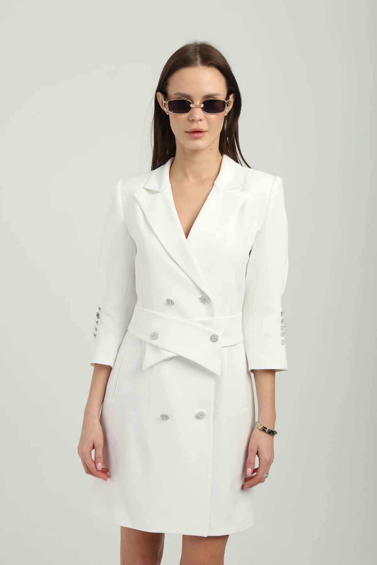 Kruvaze Çıkarılabilir Kemerli Uzun Beyaz Ceket