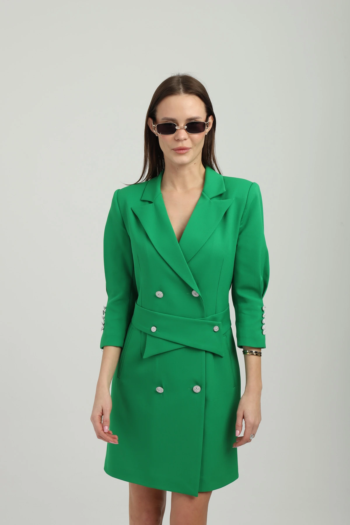 Kruvaze Çıkarılabilir Kemerli Uzun Yeşil Ceket