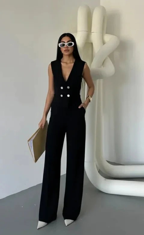 Kadın Kuşaklı Düğme Detaylı Kumaş Tulum - Siyah