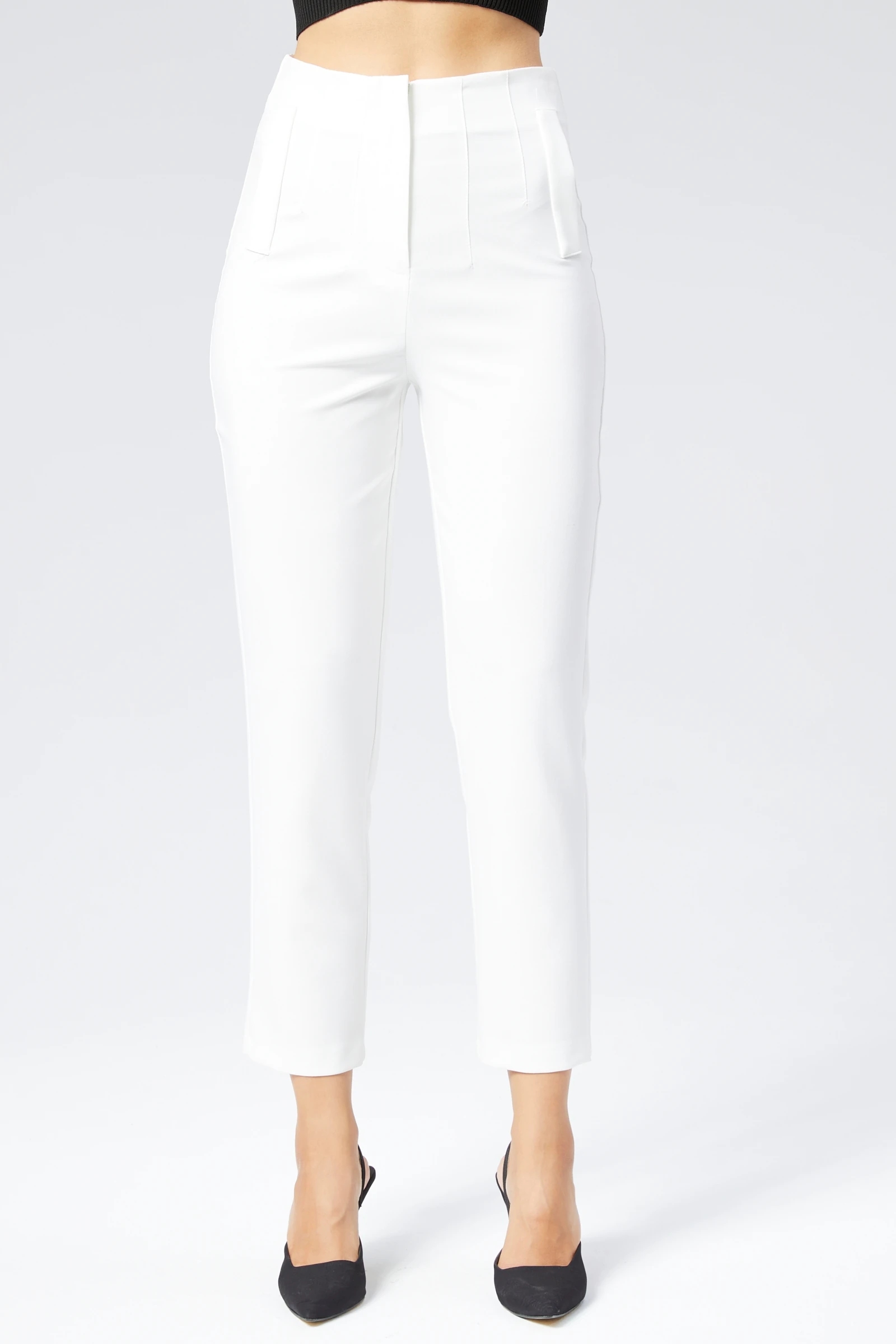 Kadın Yüksek Bel Cep Detaylı Dar Paça Bilek Boy Kumaş Pantolon