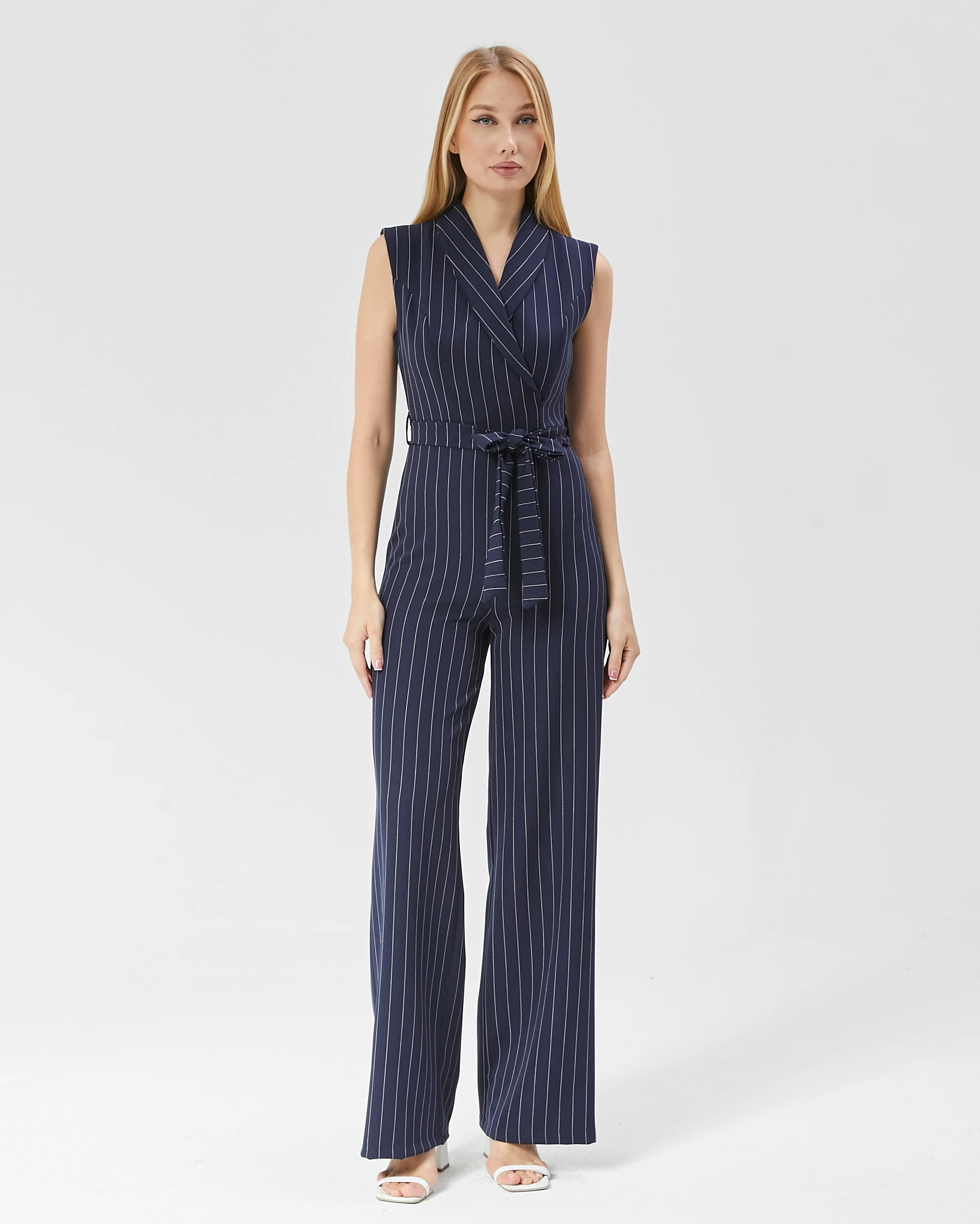 Kadın Çizgili Kuşaklı Kumaş Tulum - Lacivert