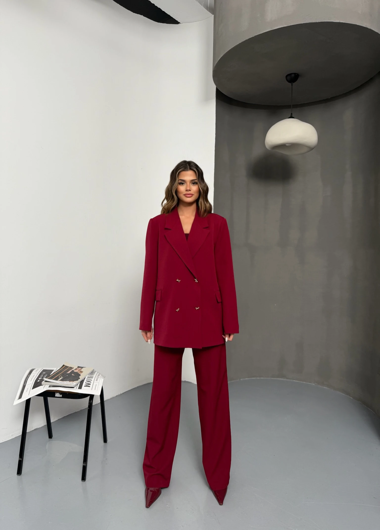 Kelebek Düğmeli Oversize Bordo Kruvaze Ceket