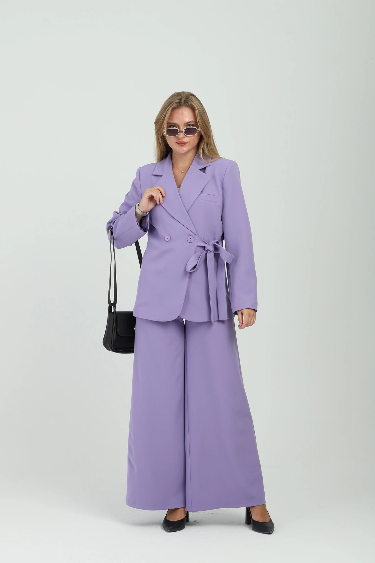 Çift Düğmeli Yandan Bağlamalı Kruvaze Lila Kadın Takım