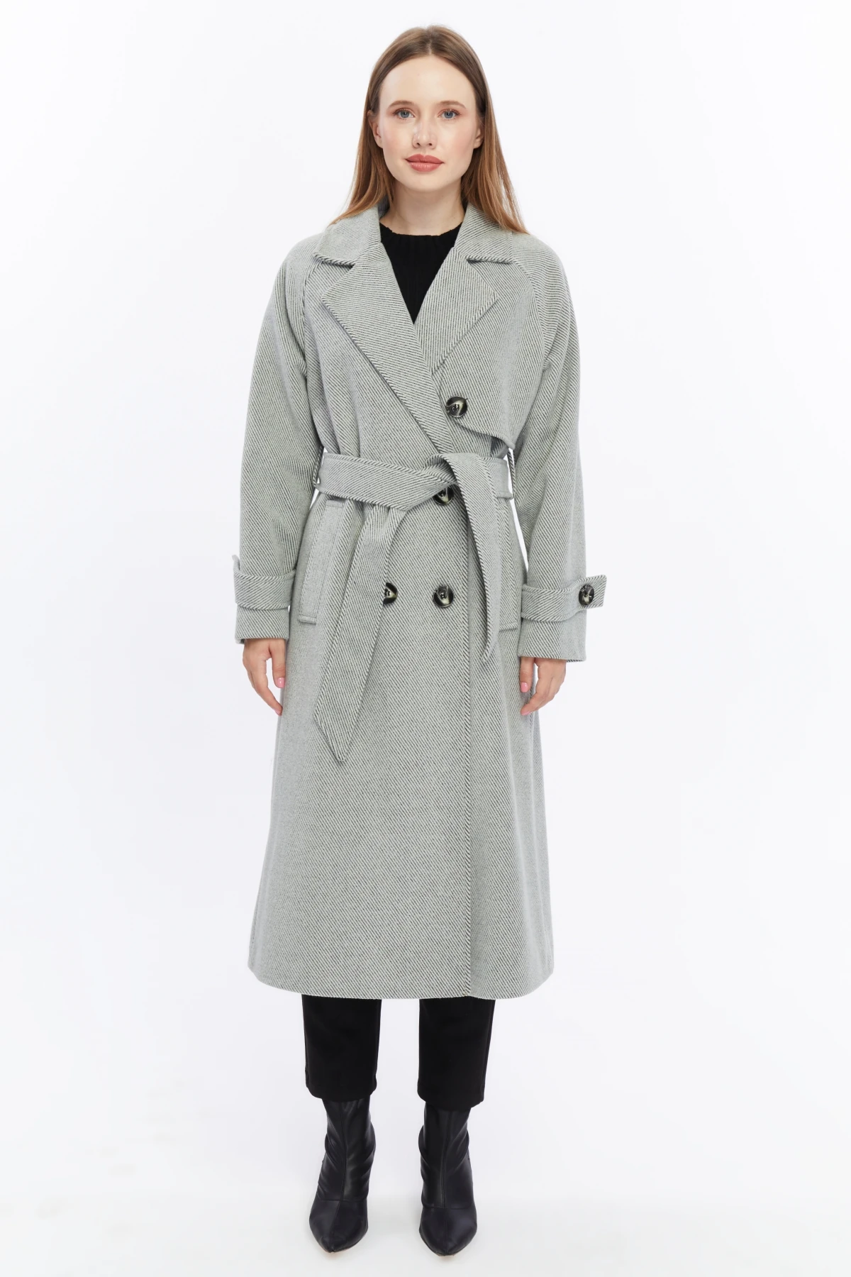 Kadın Çizgili Uzun Palto Kaşe Kaban - Gri