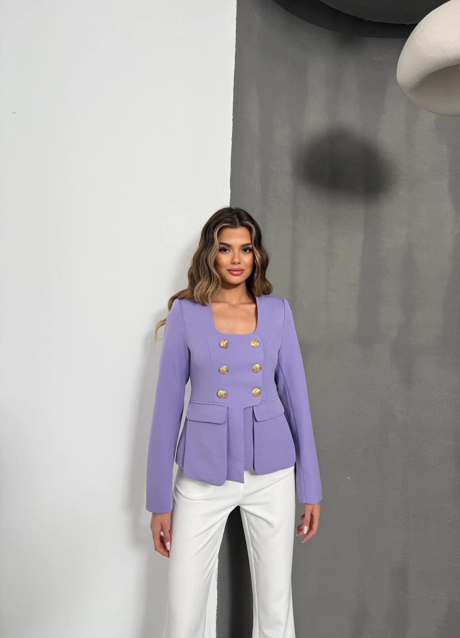 Gold Düğme Kare Yaka Lila Ceket