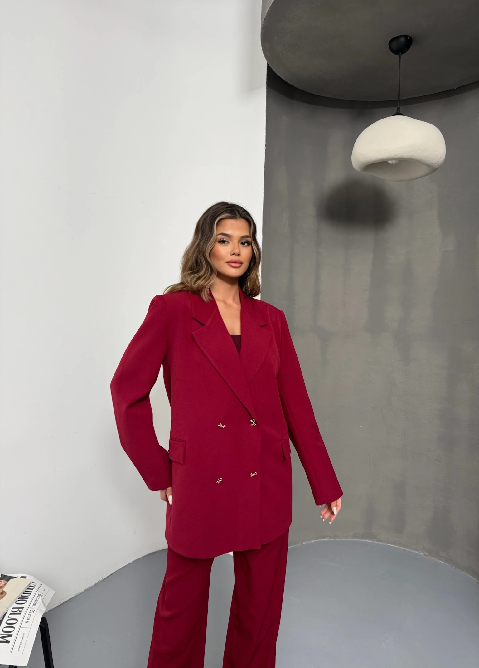 Kelebek Düğmeli Oversize Bordo Kruvaze Ceket