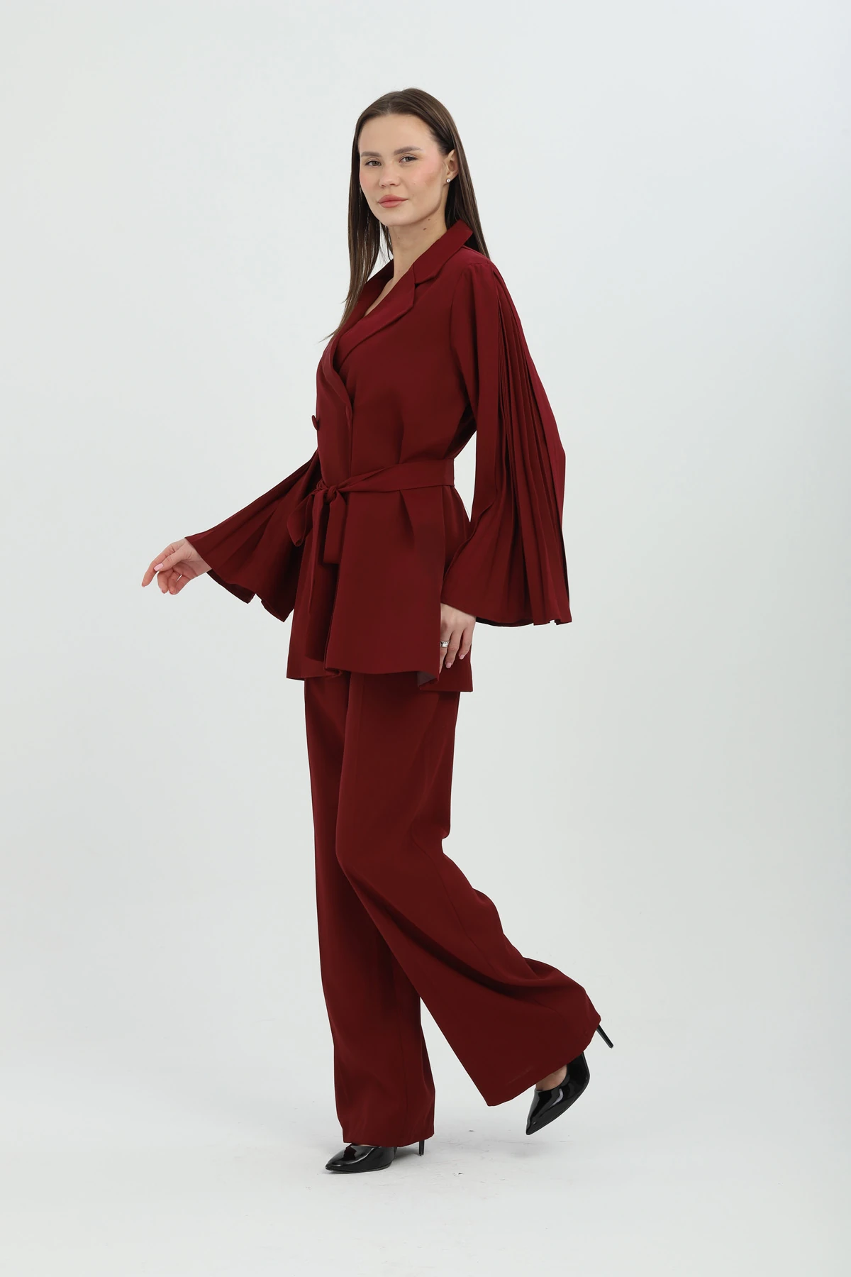 Bel Bağlamalı Piliseli Kol Bordo Kruvaze Takım