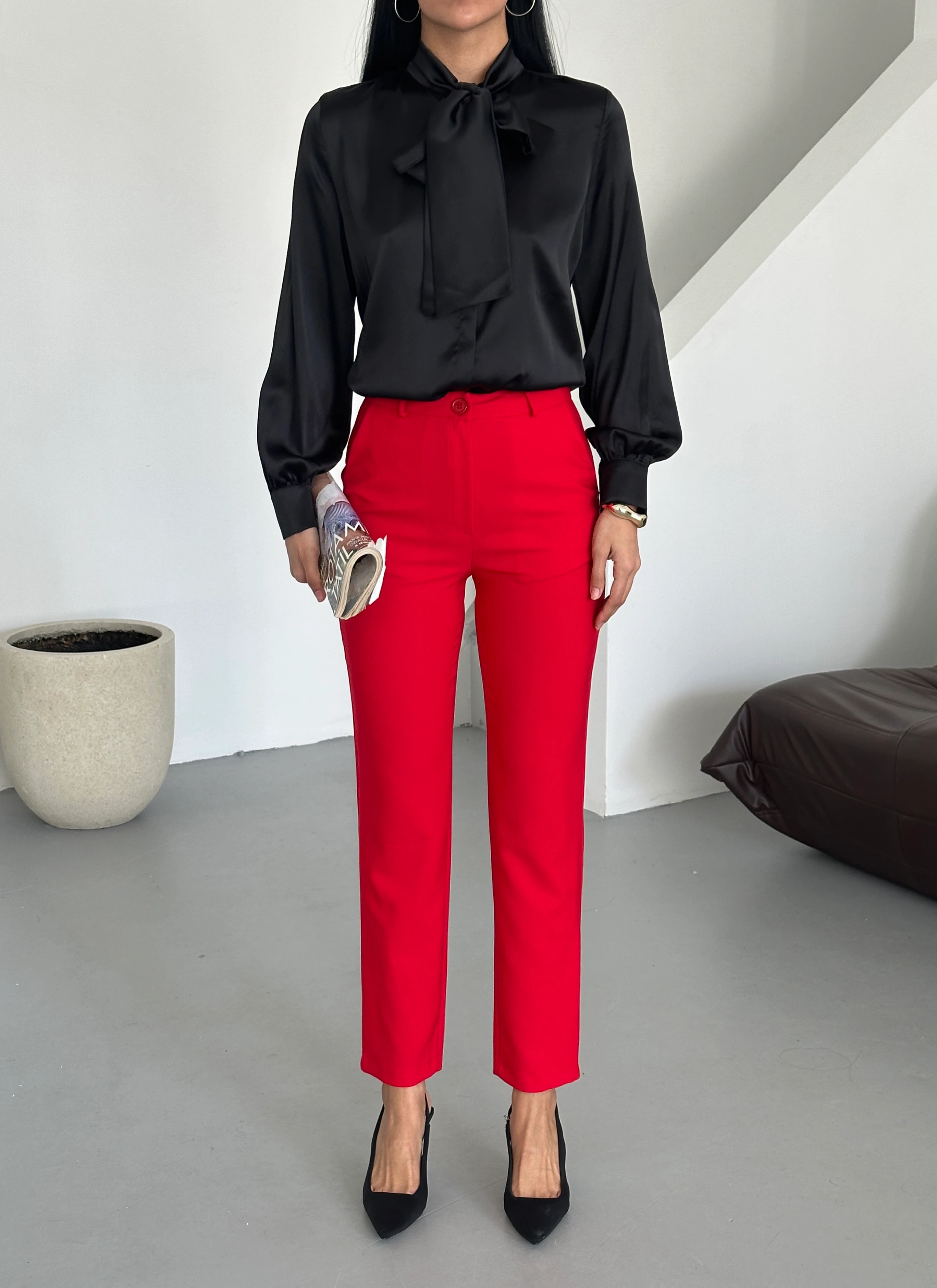Kadın Klasik Dar Paça Bilek Boy Havuç Pantolon - Kırmızı