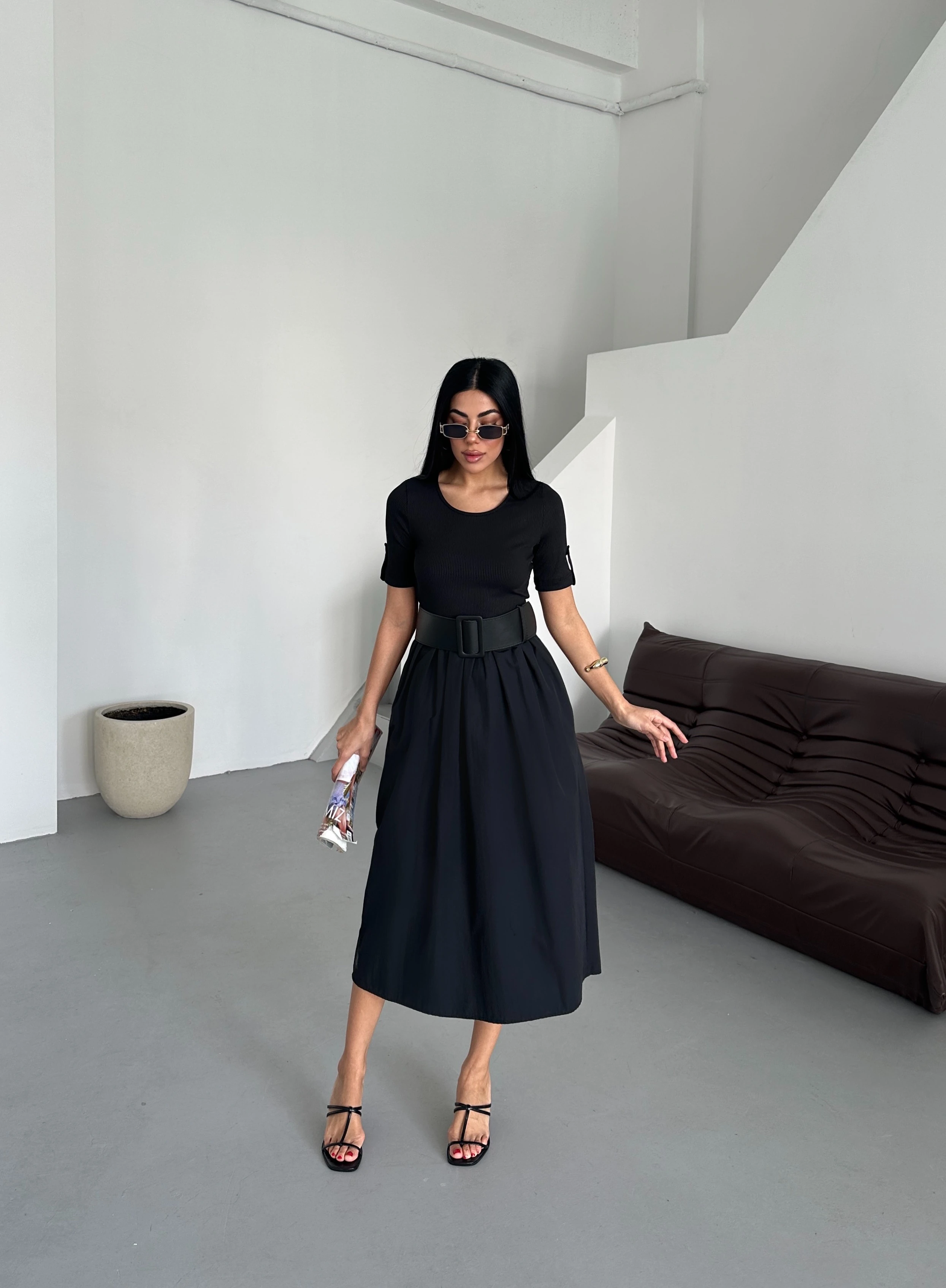 Kaşkorse Kısa Kol Kemerli Yazlık Siyah Kadın Elbise - Siyah