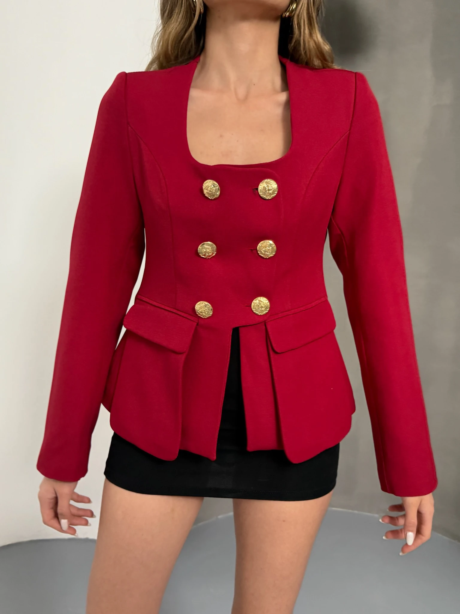 Gold Düğme Kare Yaka Nar Çiçeği Ceket