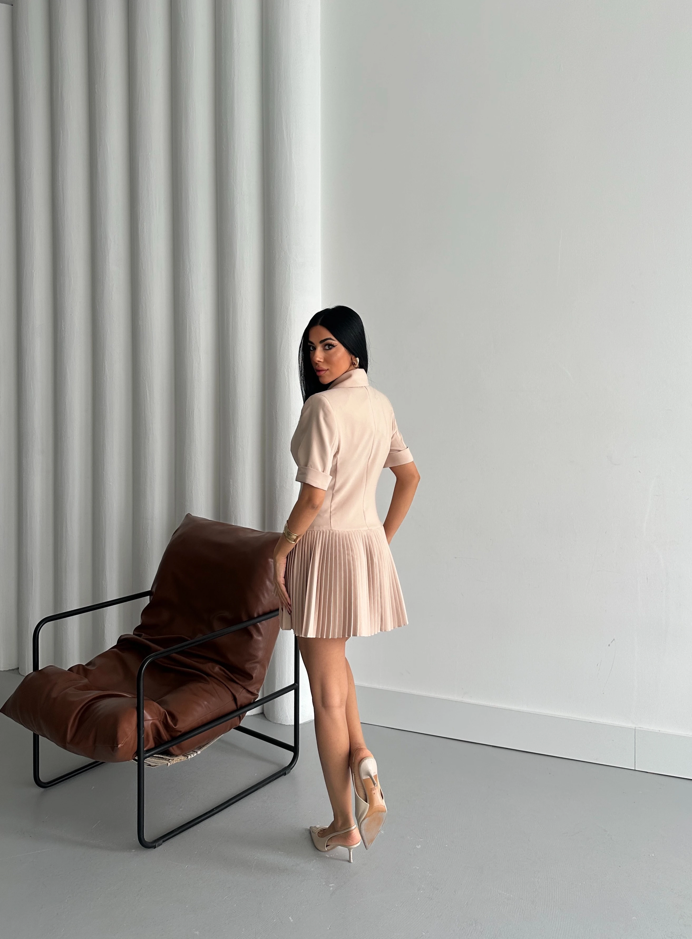 Kadın Eteği Pliseli Yarım Kol Ceket Elbise 