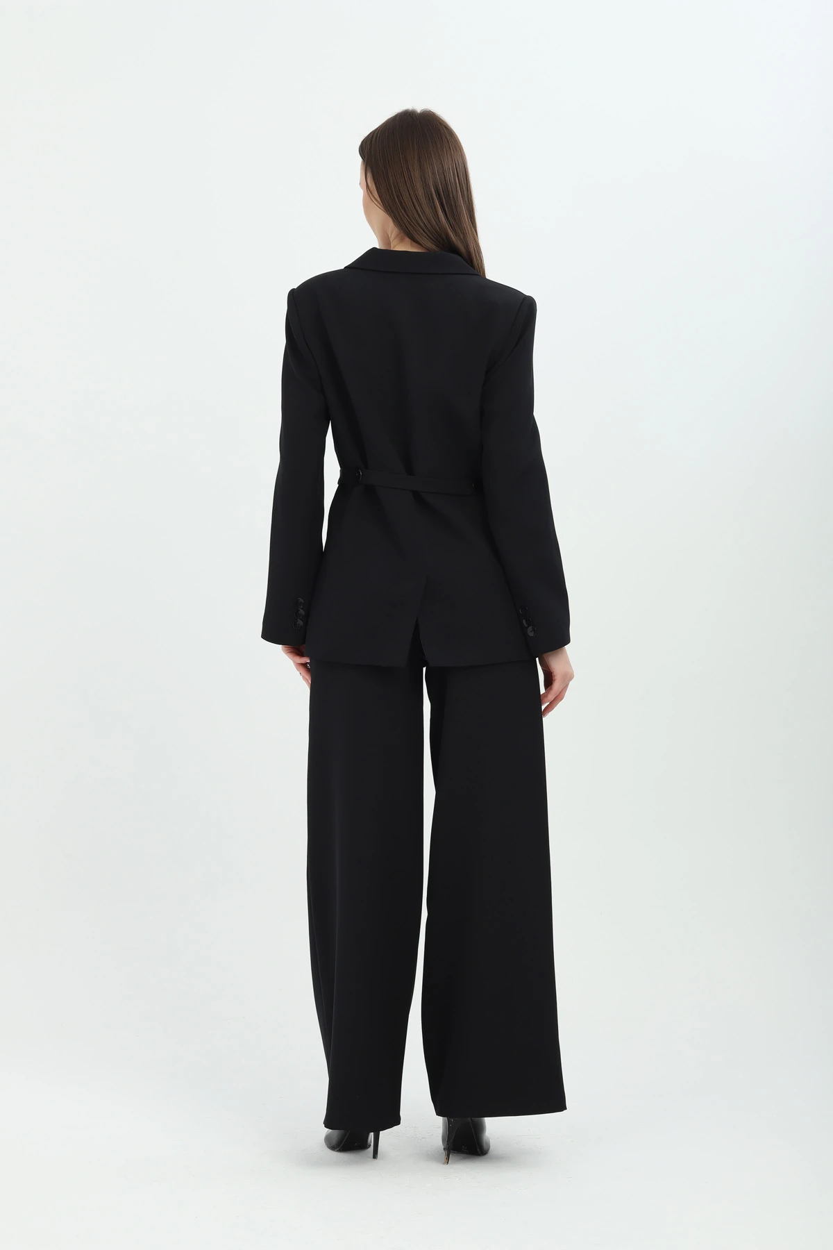 Bel Bağlamalı Siyah Kadın Kruvaze Takım