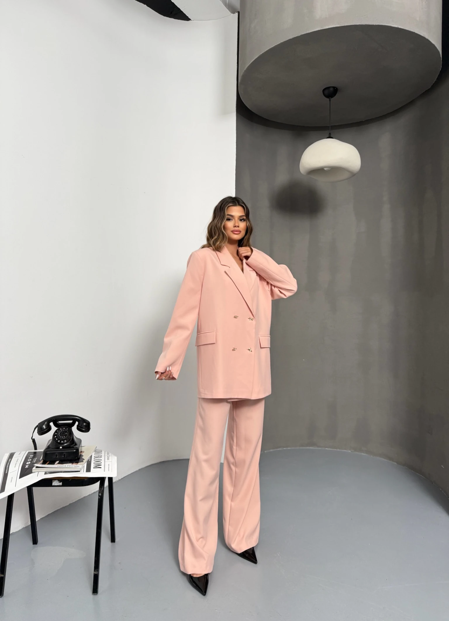 Kelebek Düğmeli Oversize Pudra Kruvaze Ceket