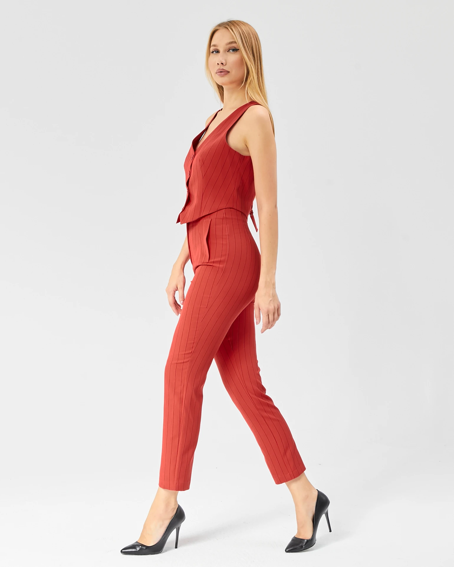 Kadın Çizgili Tokalı Kısa Cepken Yelek 