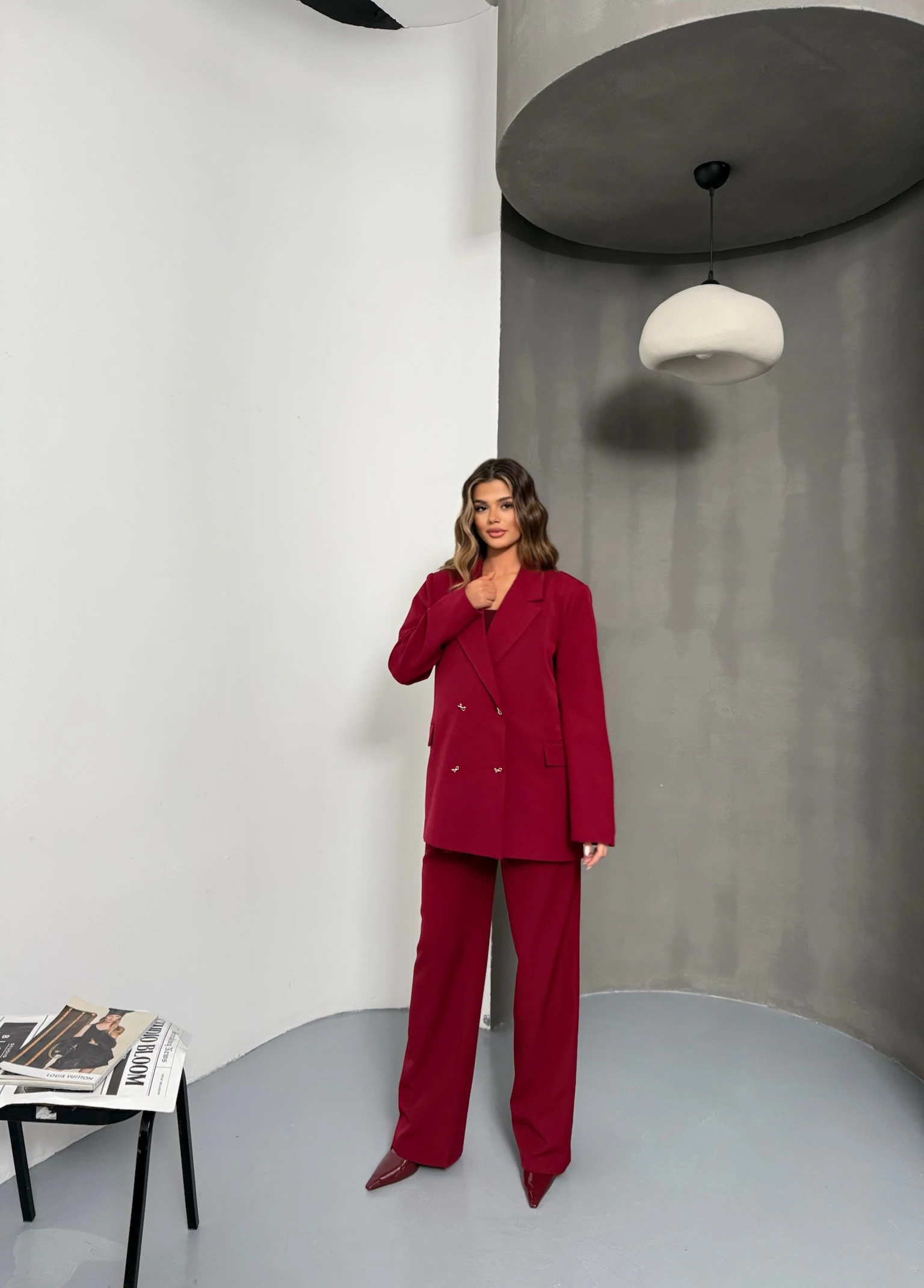 Kelebek Düğmeli Oversize Bordo Kruvaze Ceket