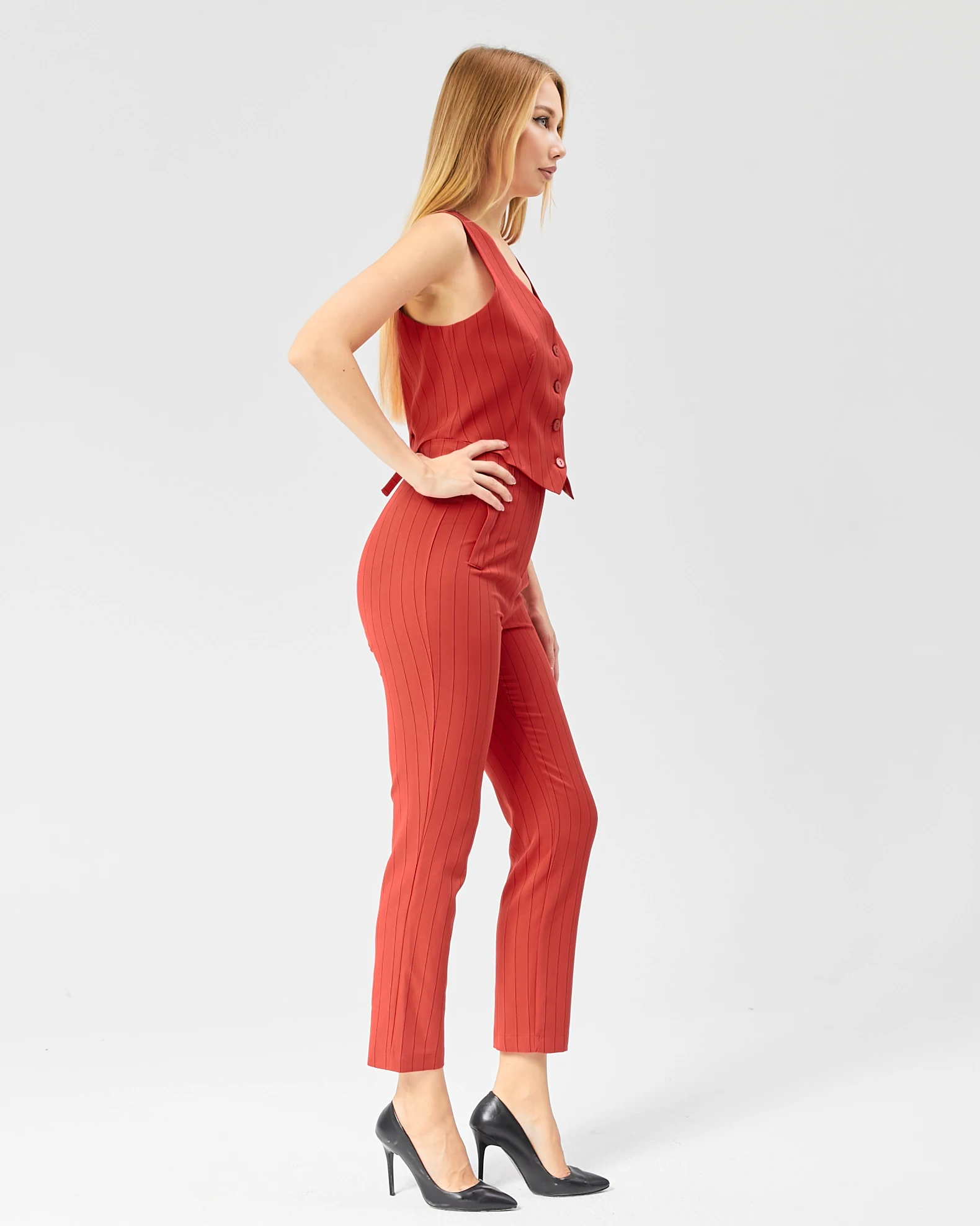 Kadın Çizgili Tokalı Kısa Cepken Yelek 