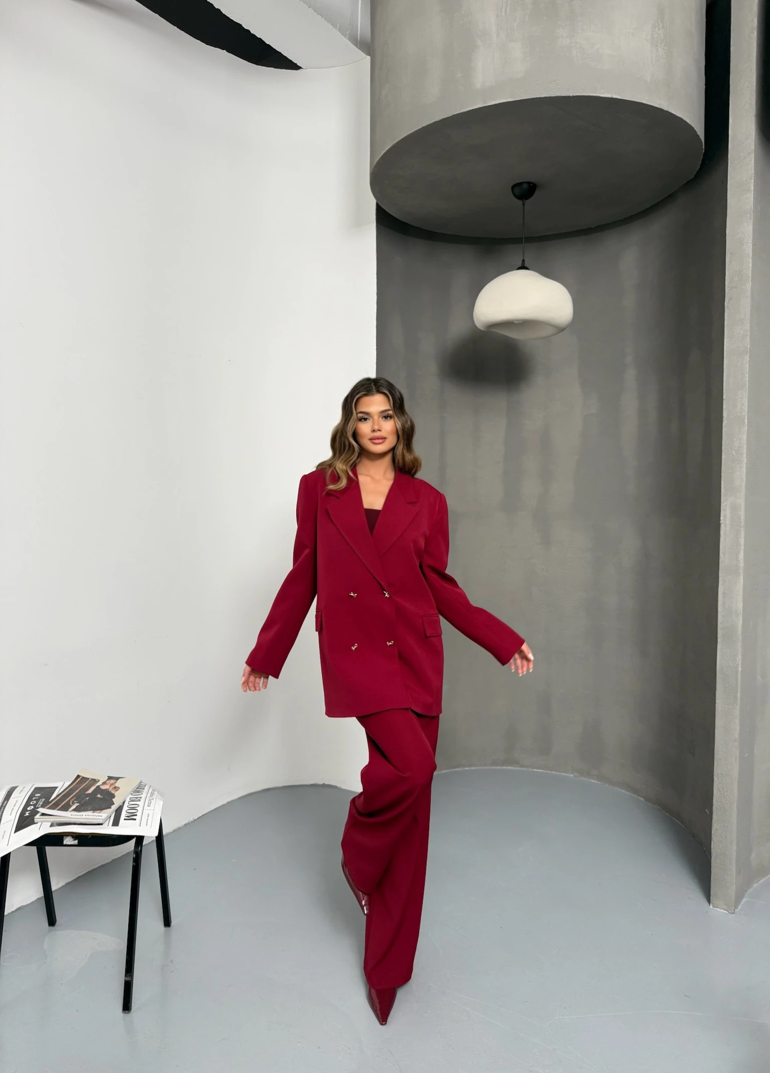 Kelebek Düğmeli Oversize Bordo Kruvaze Ceket