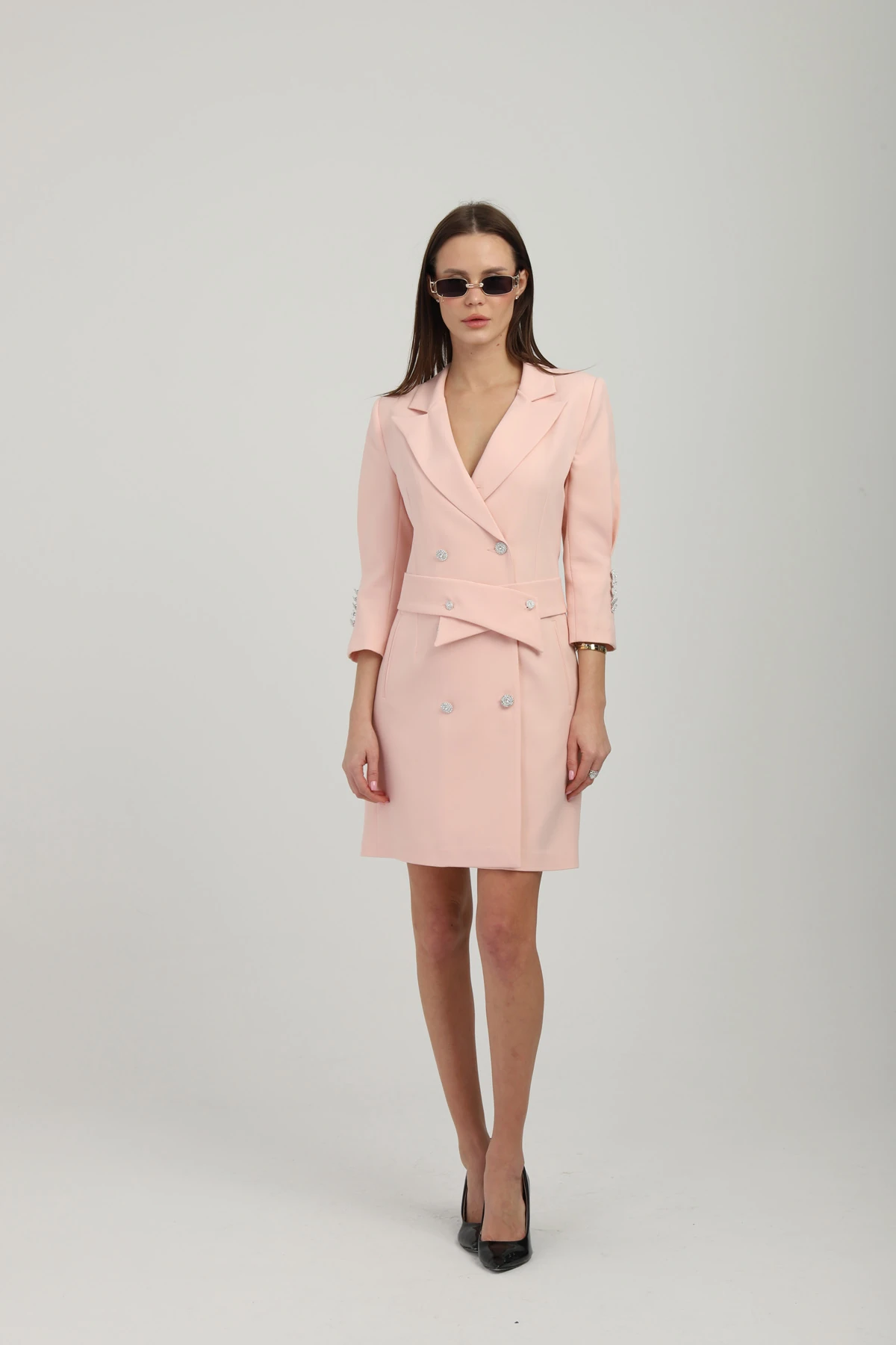 Kruvaze Çıkarılabilir Kemerli Uzun Pudra Ceket