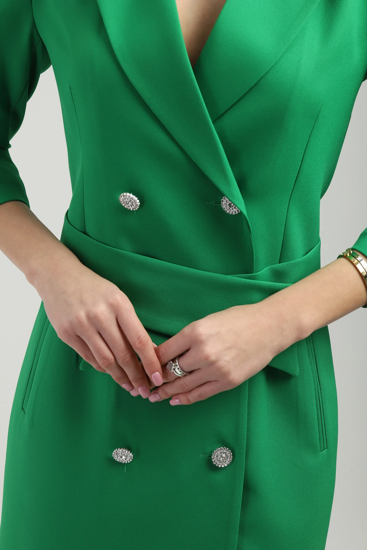 Kruvaze Çıkarılabilir Kemerli Uzun Yeşil Ceket