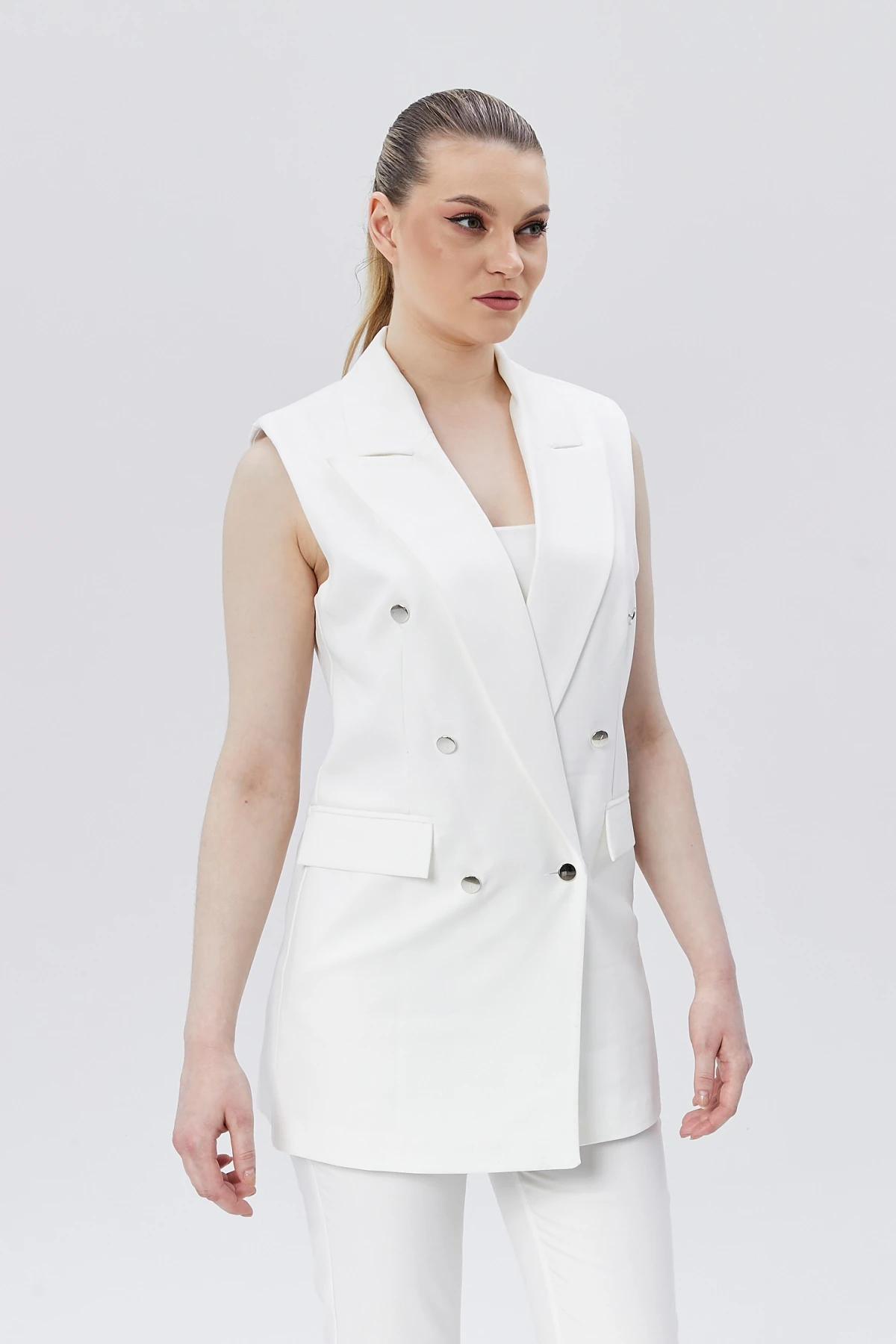 Kadın Düğmeli Klasik Vintage Yelek - Ekru