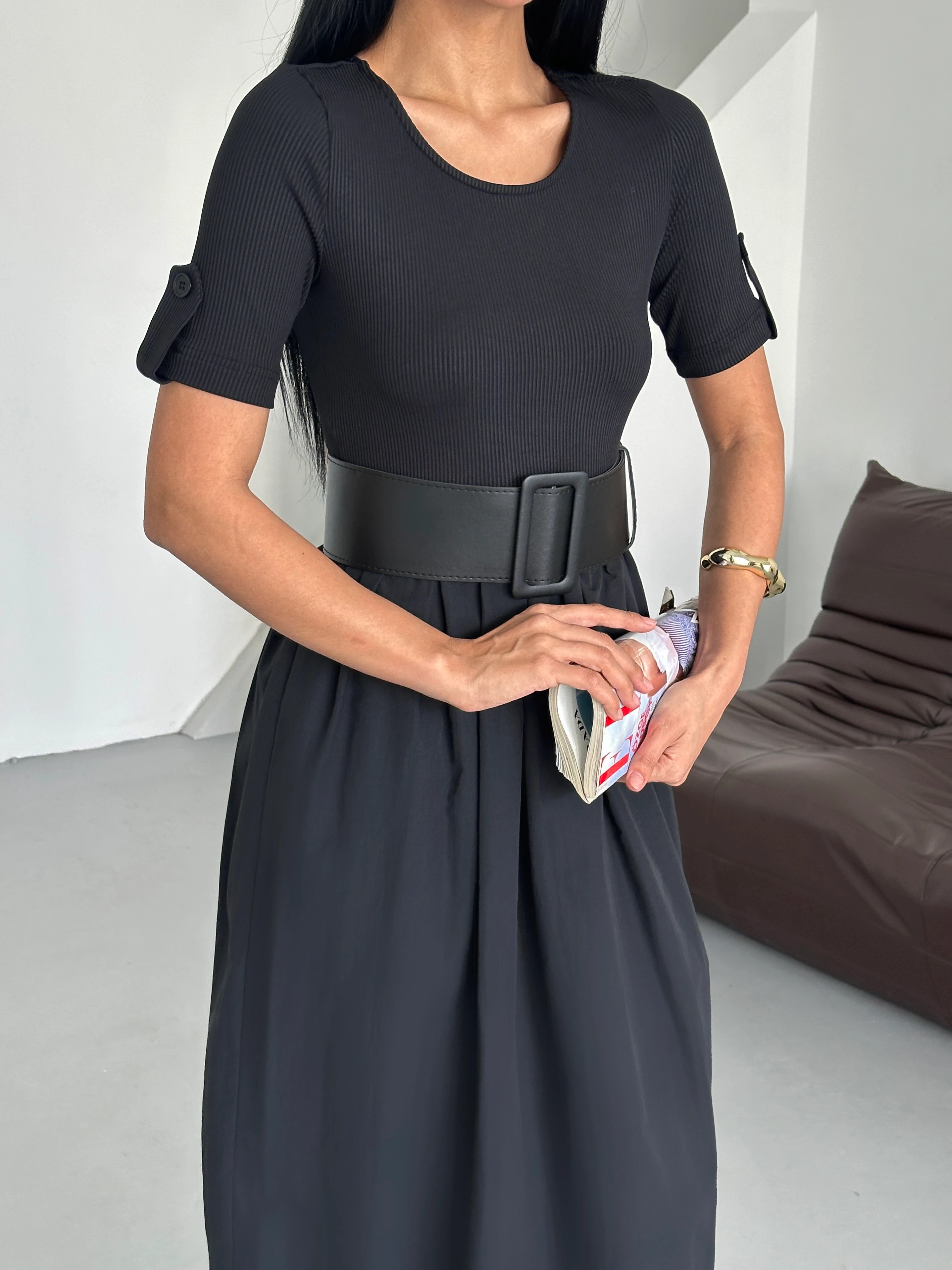 Kaşkorse Kısa Kol Kemerli Yazlık Siyah Kadın Elbise